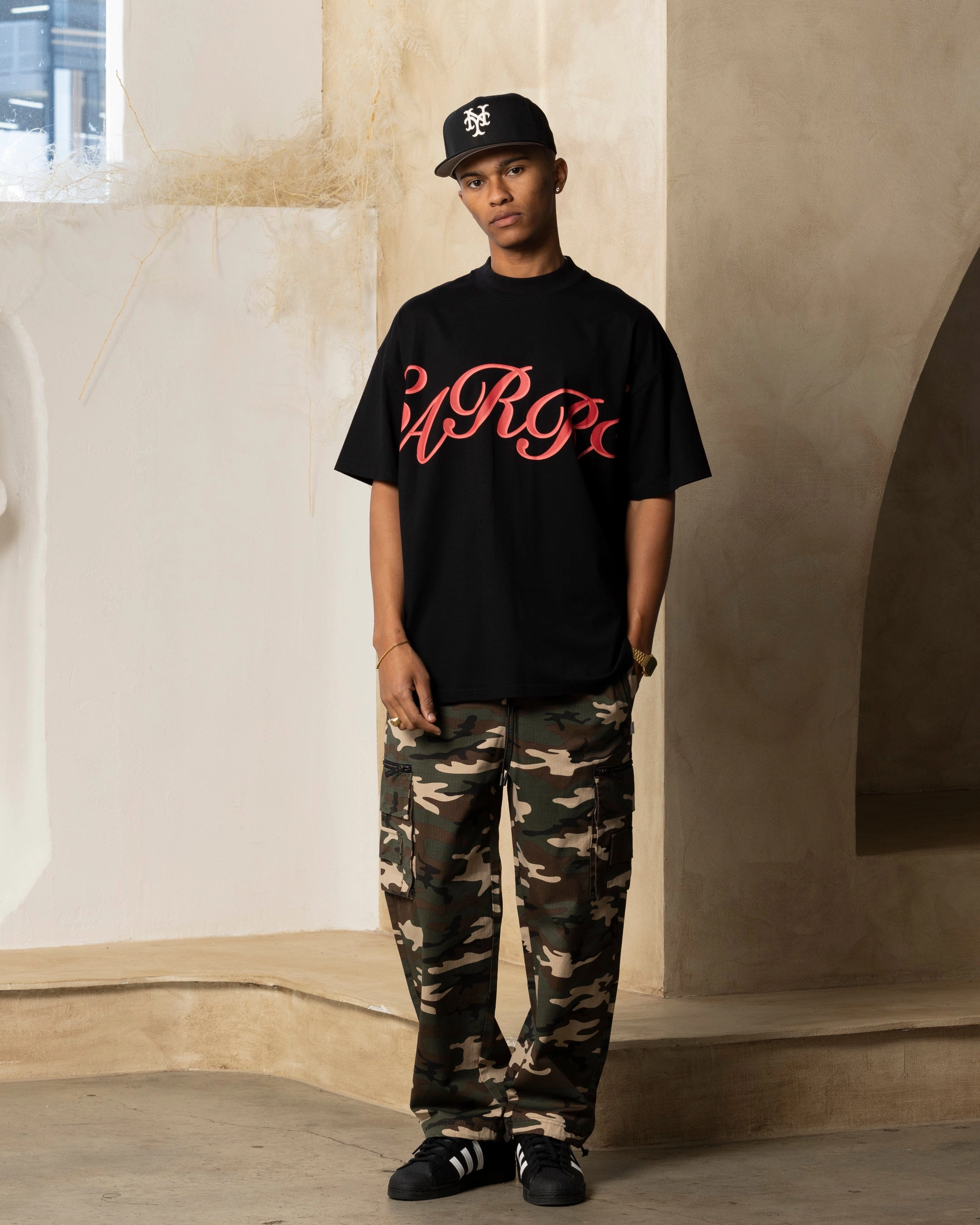 Fur combination Comfy Design Carre Rolling Oversized T-Shirt Black