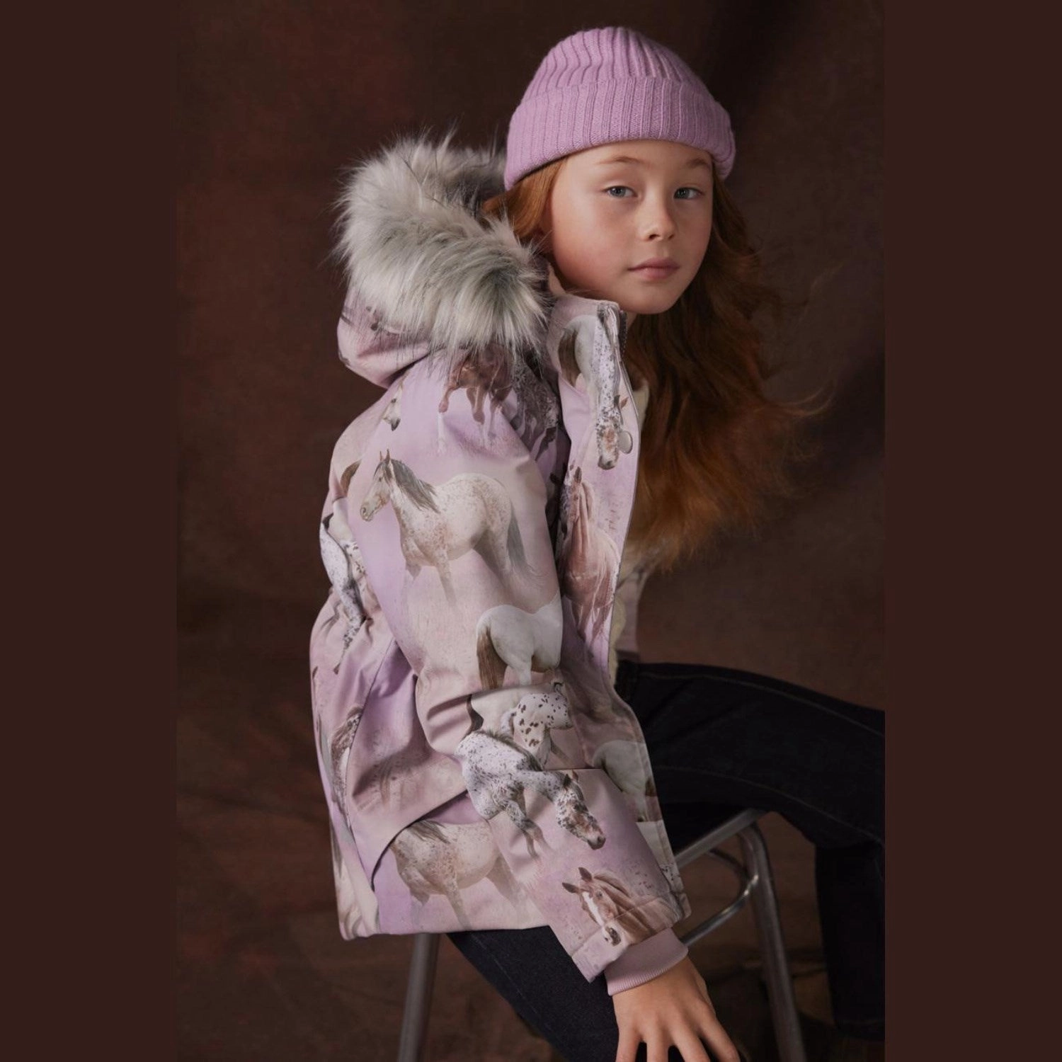 Molo Dreamy Horses Cathy Fur Jacket High Visibility Trim Transition Wear