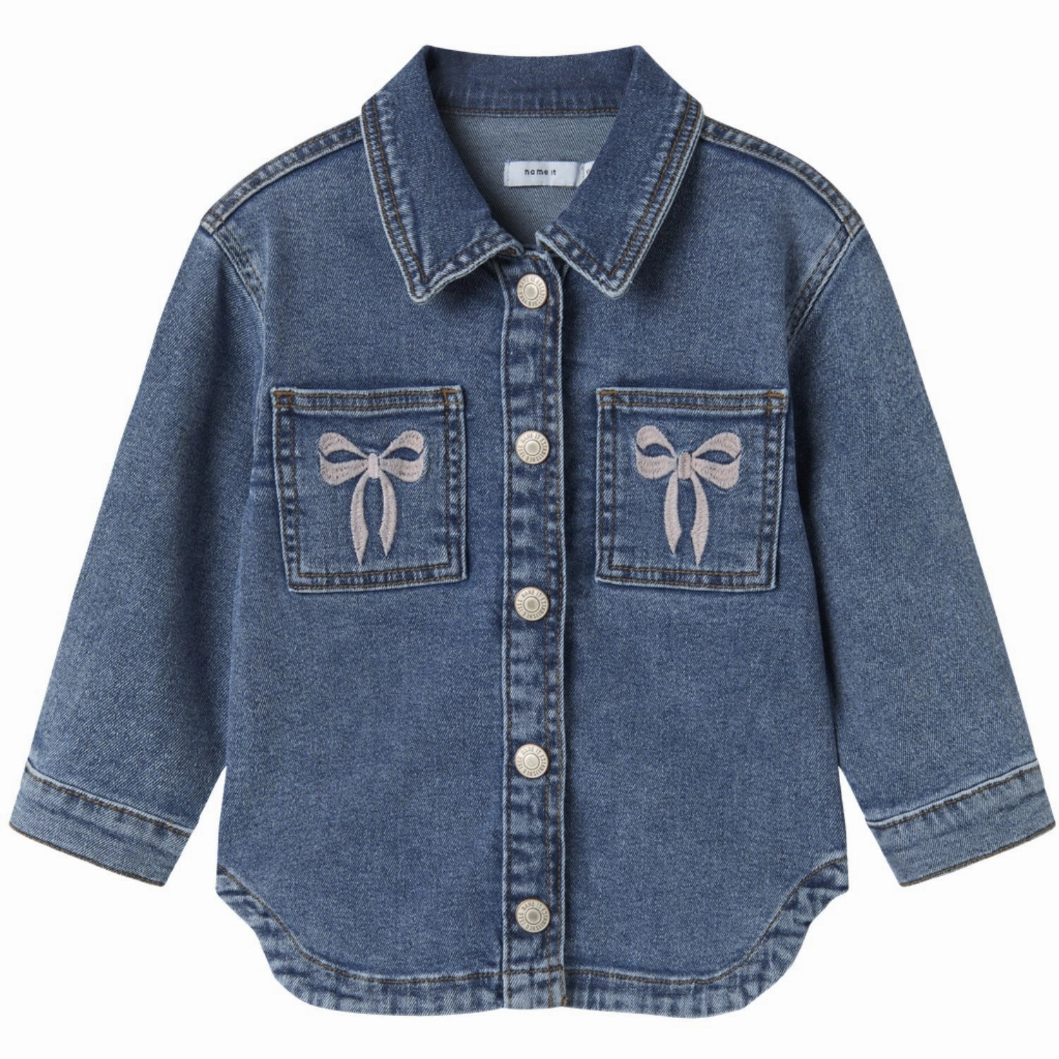 Name It Medium Blue Denim Bow Embroidery Nmfdevi Dnm Emb Jacket 1224-Sm K Heat Sealed Zippers