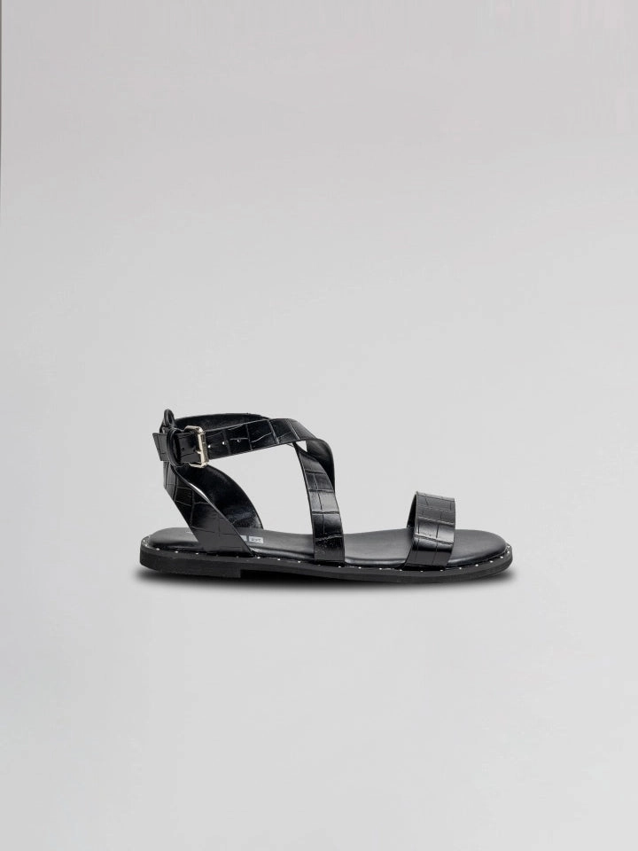 Crisp Detail Girls Black Leather Strappy Sandals