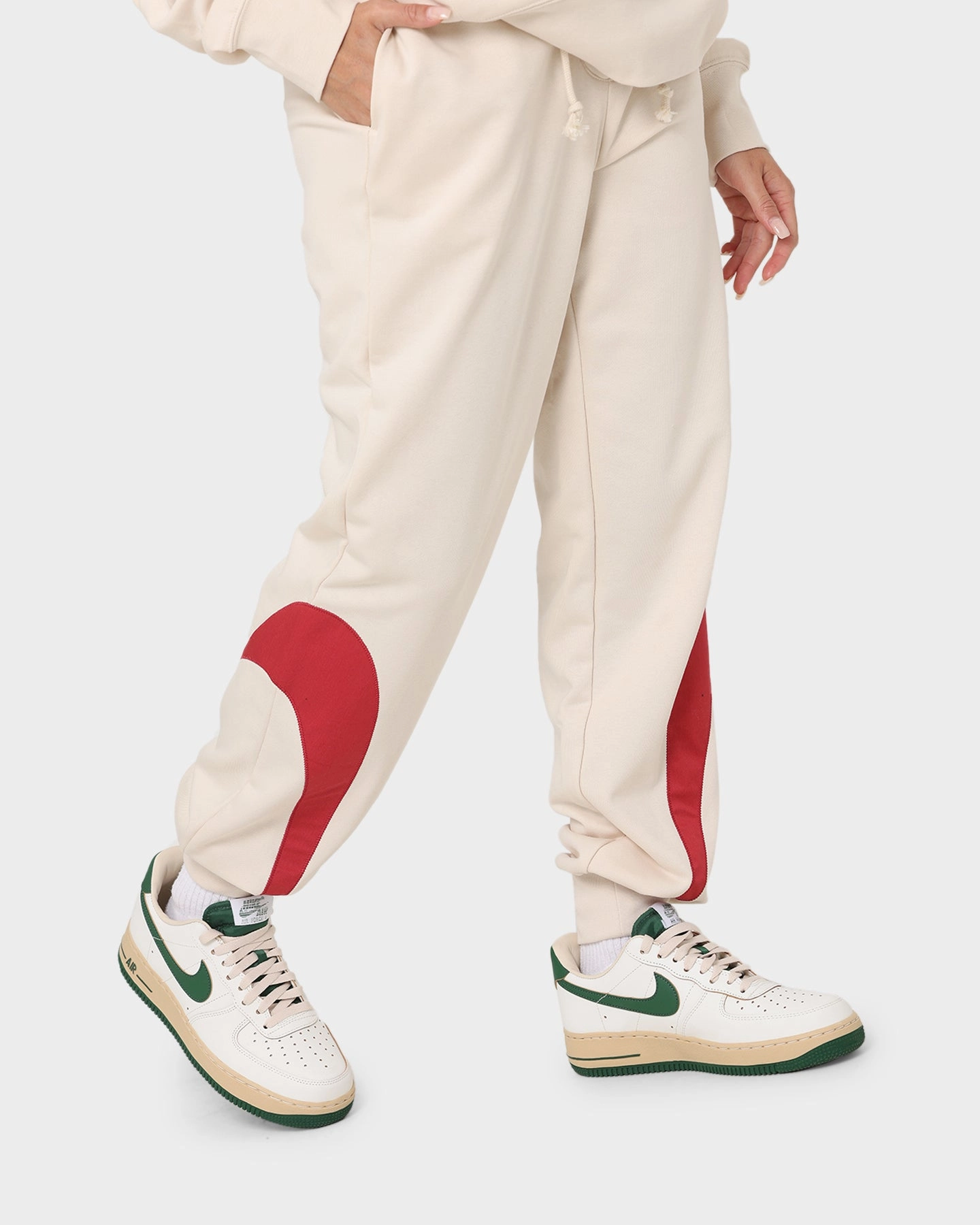 Non Slip Waistband All Purpose Fit Nike Women's Nike Sportswear Circa 50 Fleece Pants Pearl White/Sierra Red