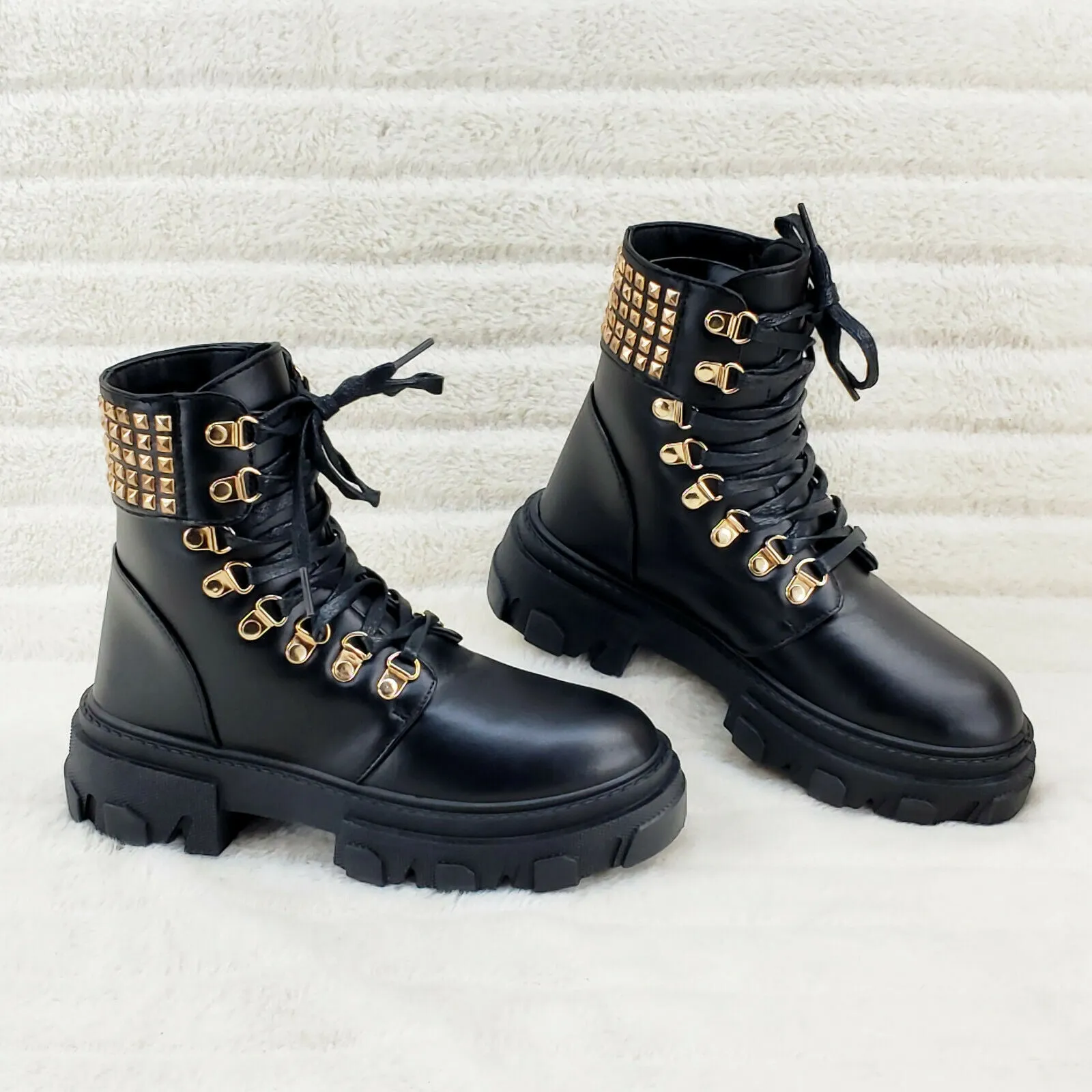 Nina Black Gold Tone Hardware Studded Combat Ankle Boots