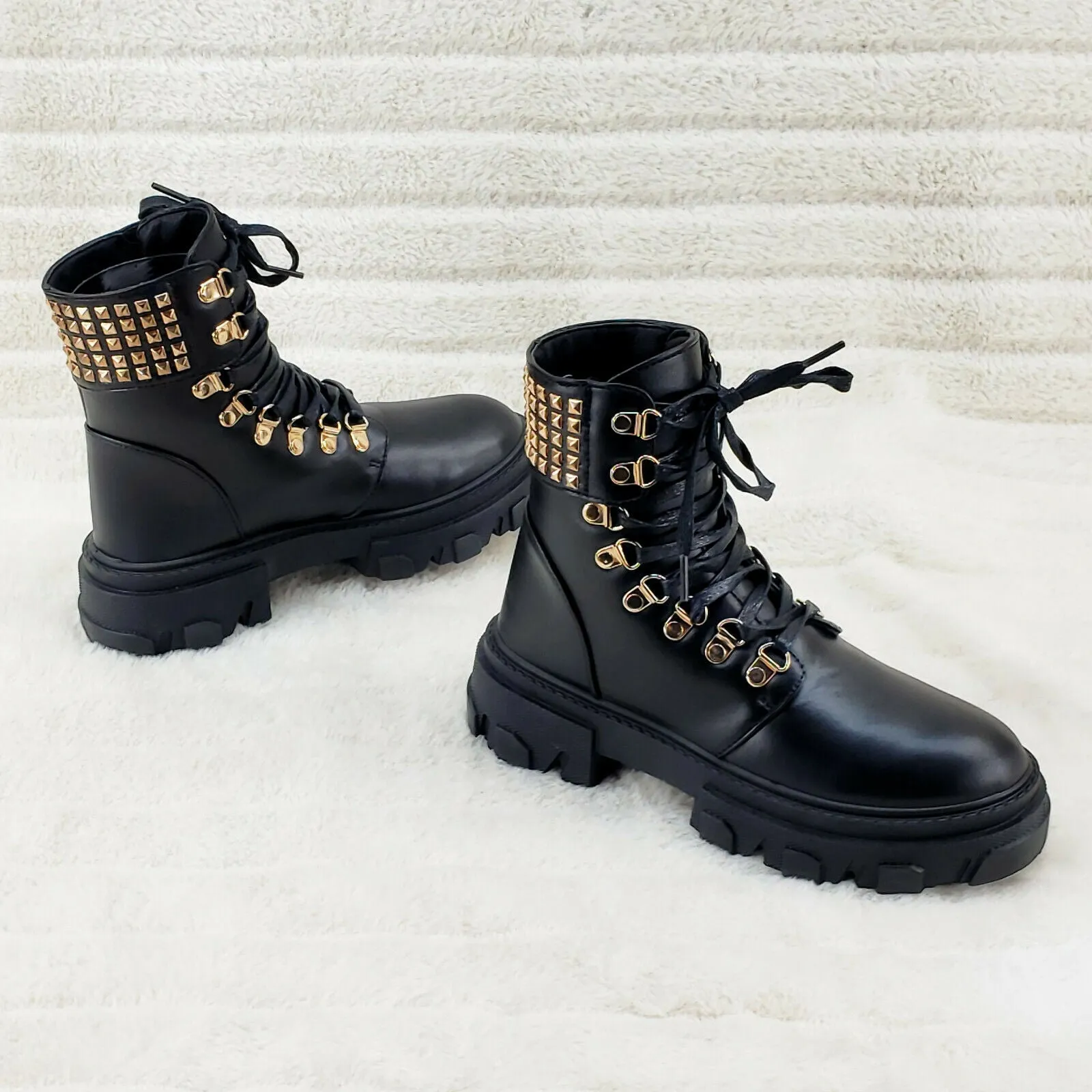 Nina Black Gold Tone Hardware Studded Combat Ankle Boots
