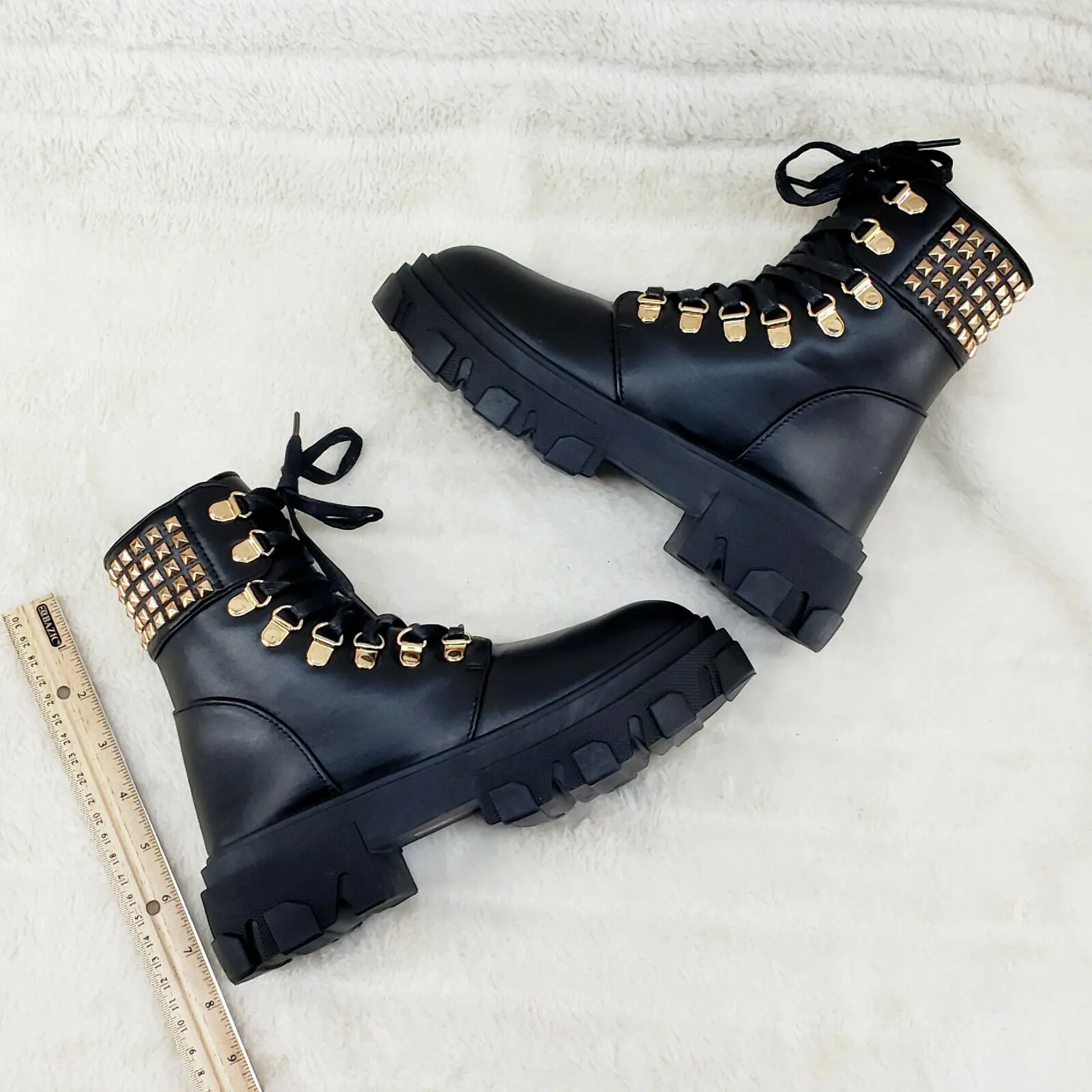 Nina Black Gold Tone Hardware Studded Combat Ankle Boots