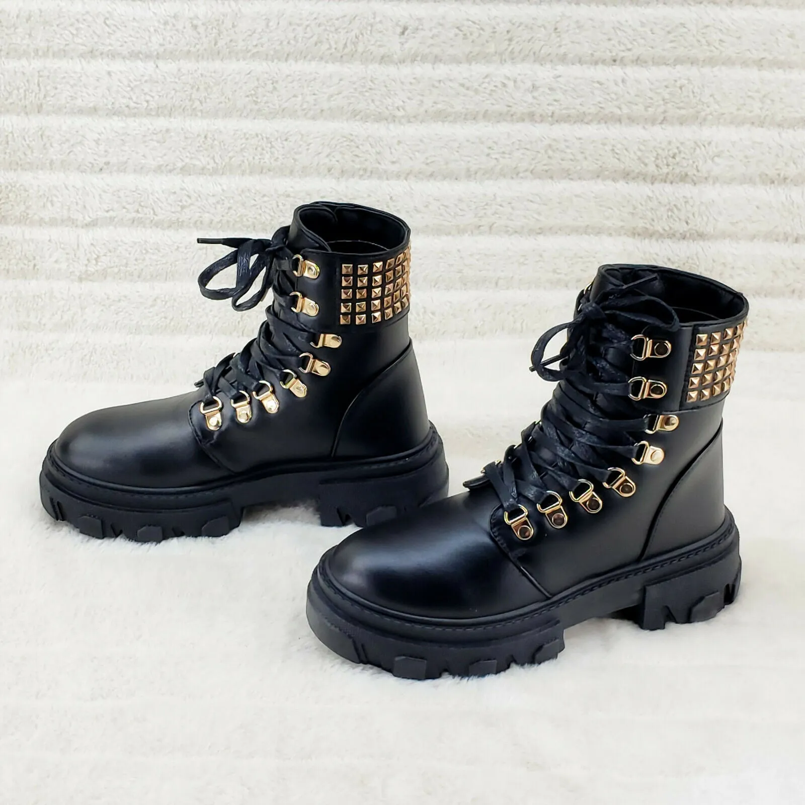 Nina Black Gold Tone Hardware Studded Combat Ankle Boots