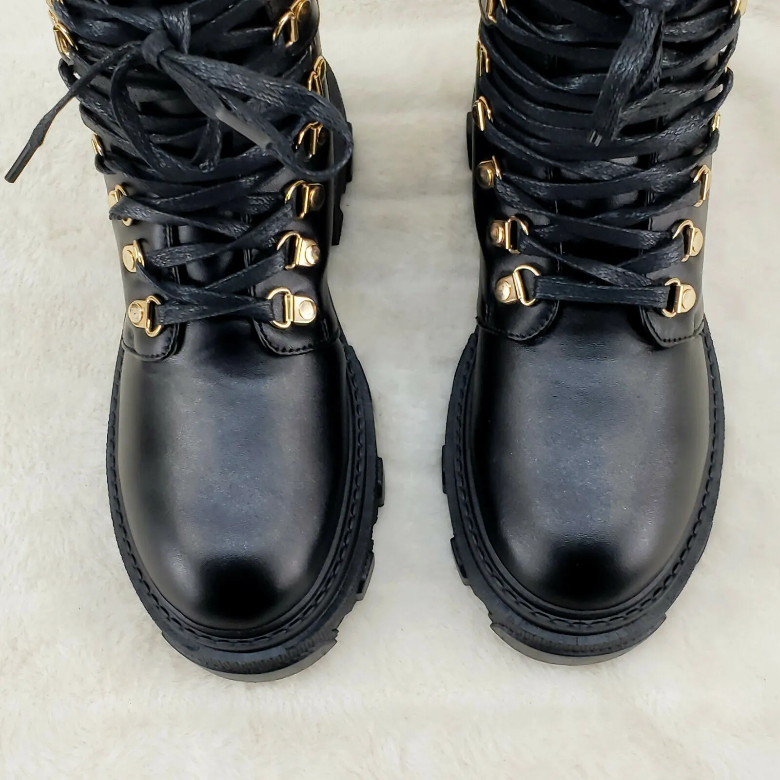 Nina Black Gold Tone Hardware Studded Combat Ankle Boots