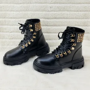 Nina Black Gold Tone Hardware Studded Combat Ankle Boots