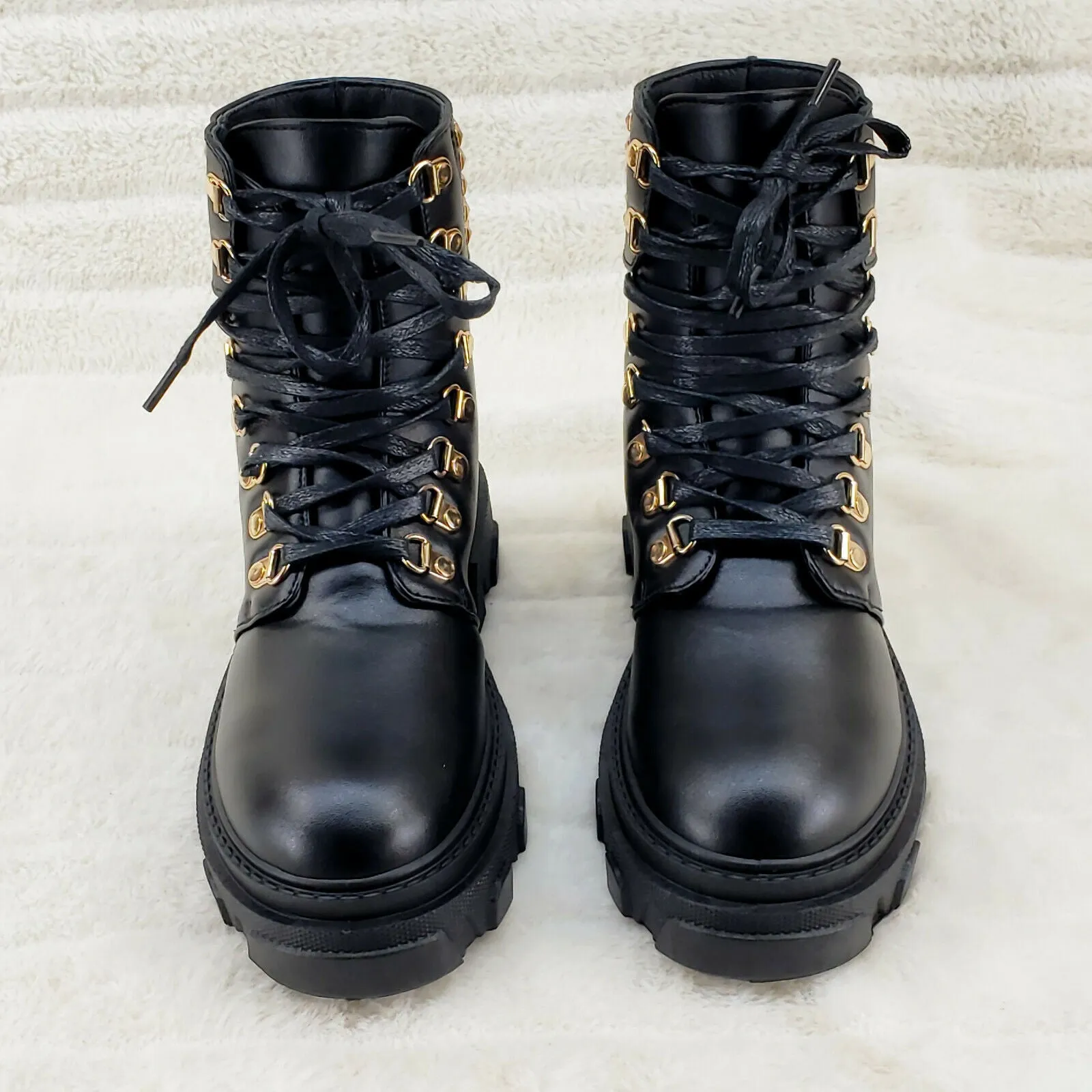 Nina Black Gold Tone Hardware Studded Combat Ankle Boots