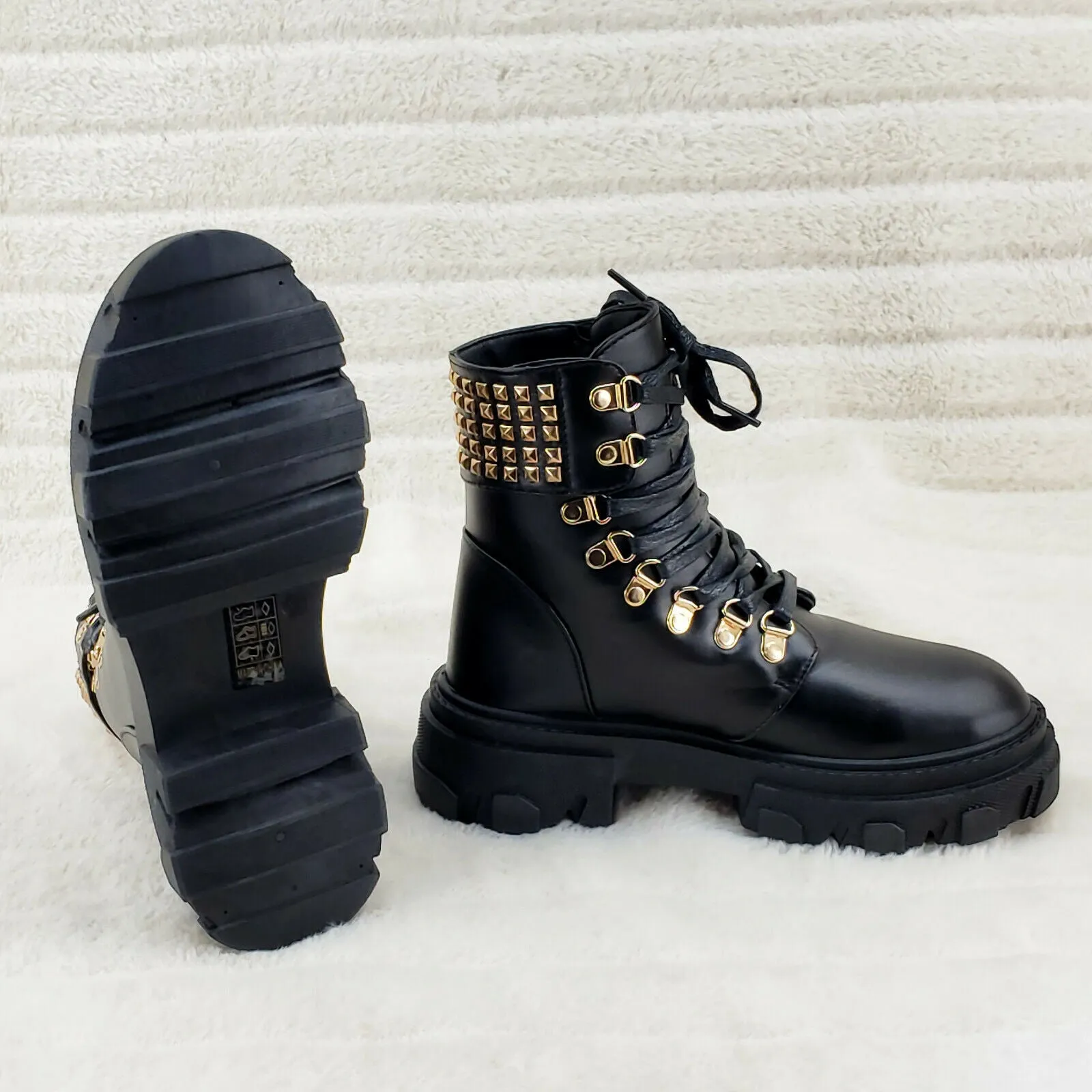 Nina Black Gold Tone Hardware Studded Combat Ankle Boots