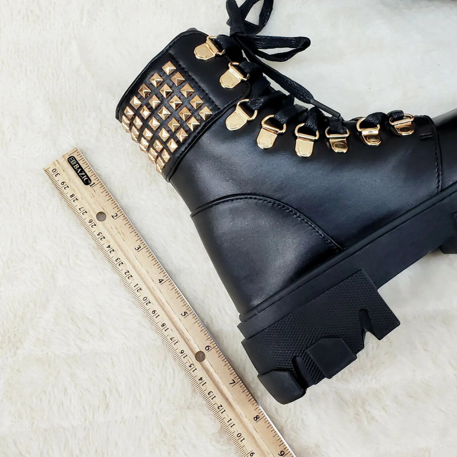 Nina Black Gold Tone Hardware Studded Combat Ankle Boots