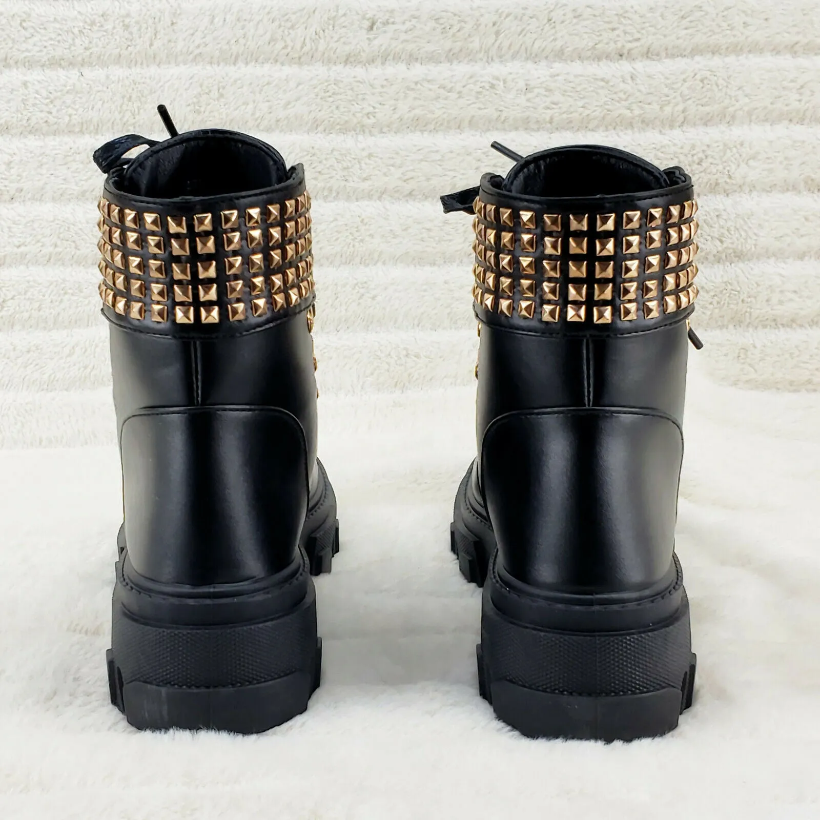 Nina Black Gold Tone Hardware Studded Combat Ankle Boots