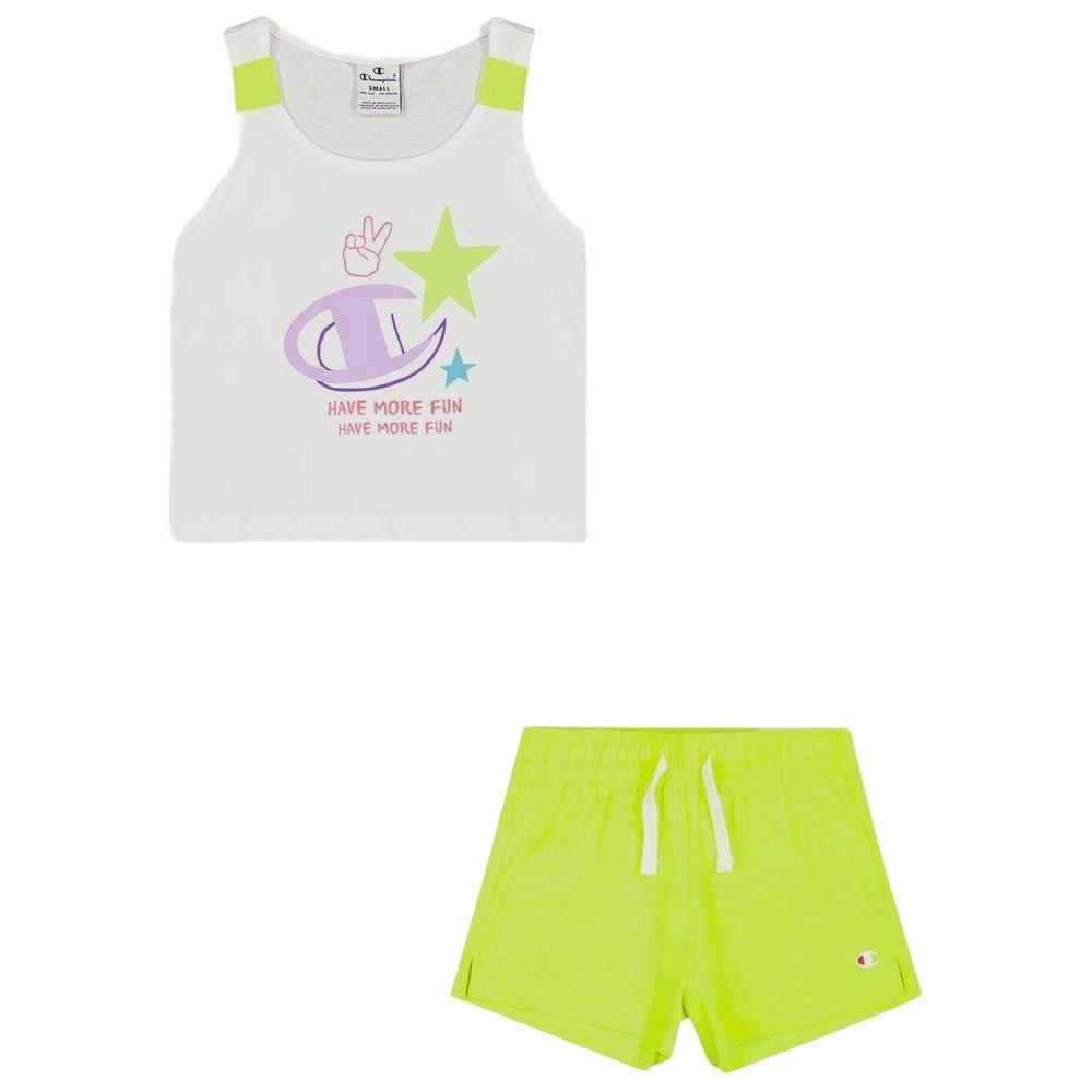 Training Active Pants Champion Completo da bambina e ragazza Legacy Fun Club Thirt e Short 404679 WW001 WHT white