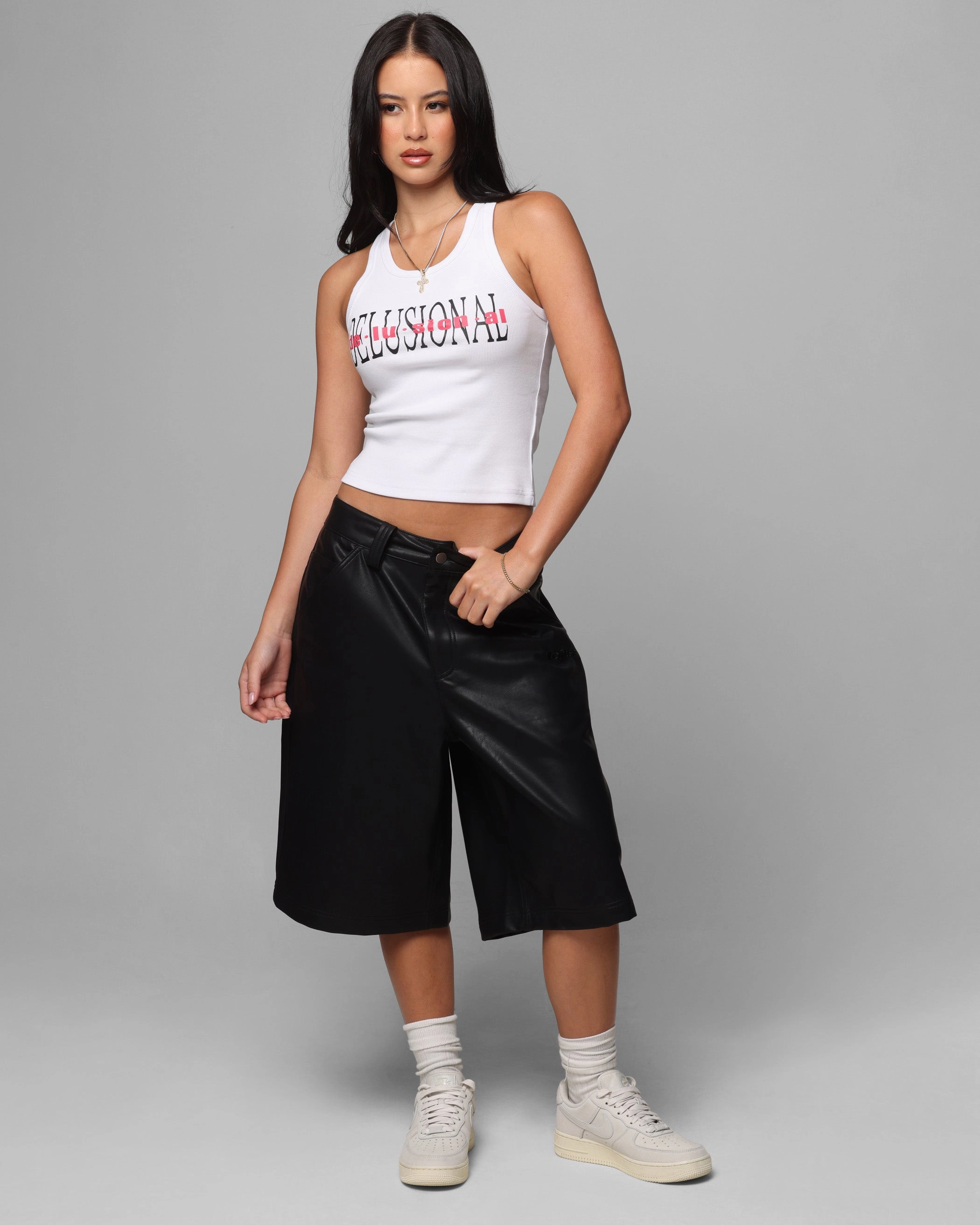 Versatile Fashion Comfort Stretch Loiter Collateral PU Leather Jorts Black