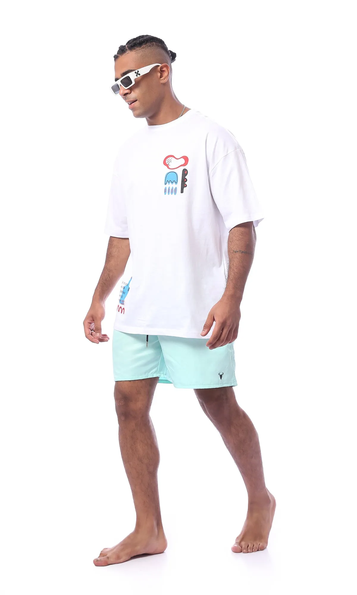 O167256 Light Aquamarine Elastic Waist Summer Board Shorts
