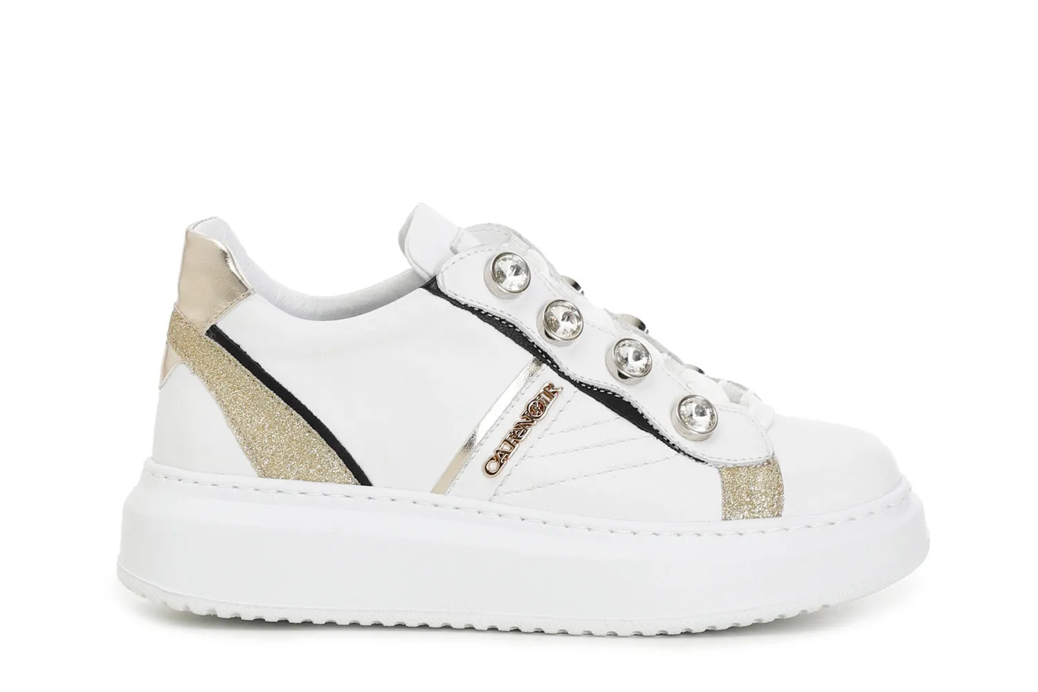 travel - friendly Padded collar design Caf??Noir Sneakers da donna in pelle con strass C1DE1620 W001 white