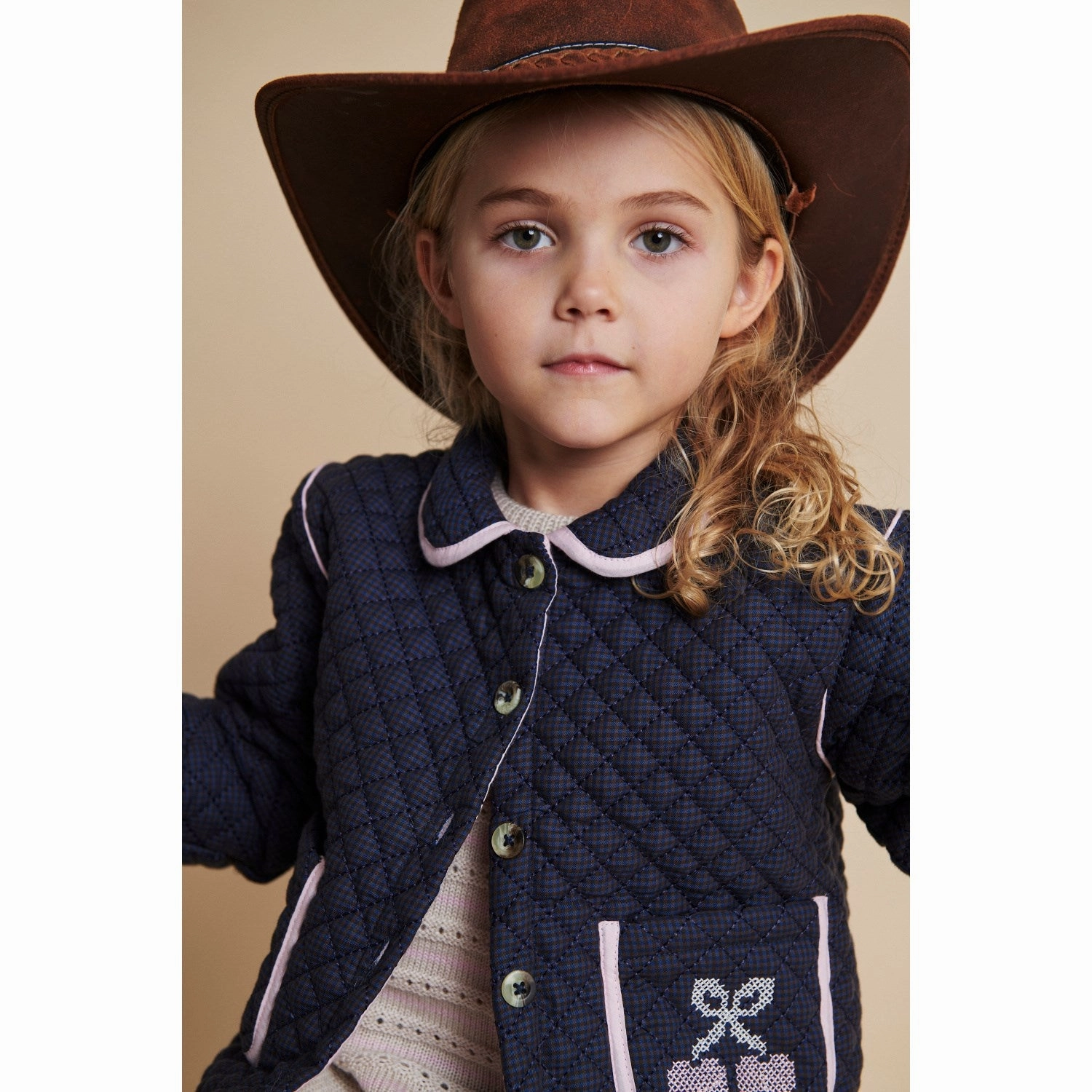 Flexible Cuffs COPENHAGEN COLORS Brown/Blue Check Comb. Checkered Quilted Jacket W. Embroidery