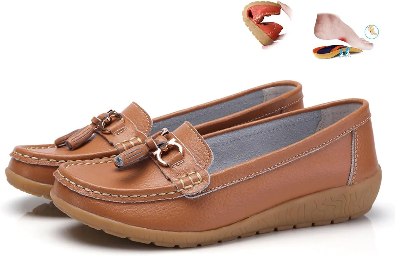 Orthopedic Women Breathable Leather Loafers Slip On Comfortable Walking Shoes for Work Casual Wear with Arch