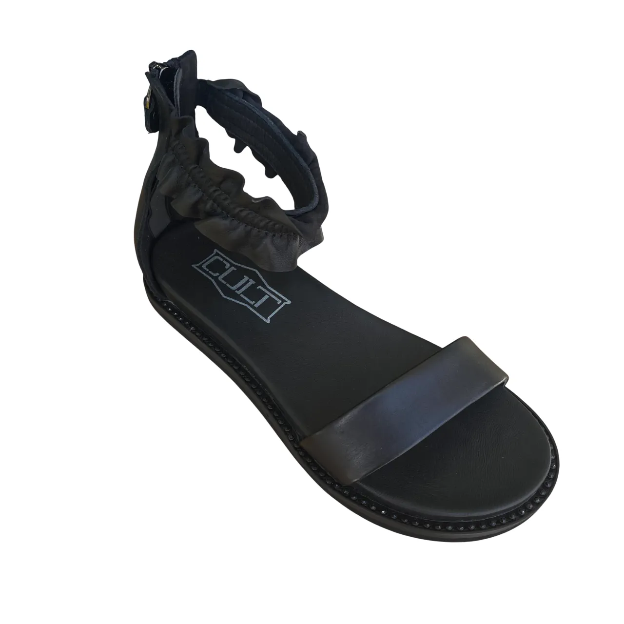 Slip Resistant Cult sandalo flat da donna con fascia rouche alla caviglia Roshelle 4495 nero