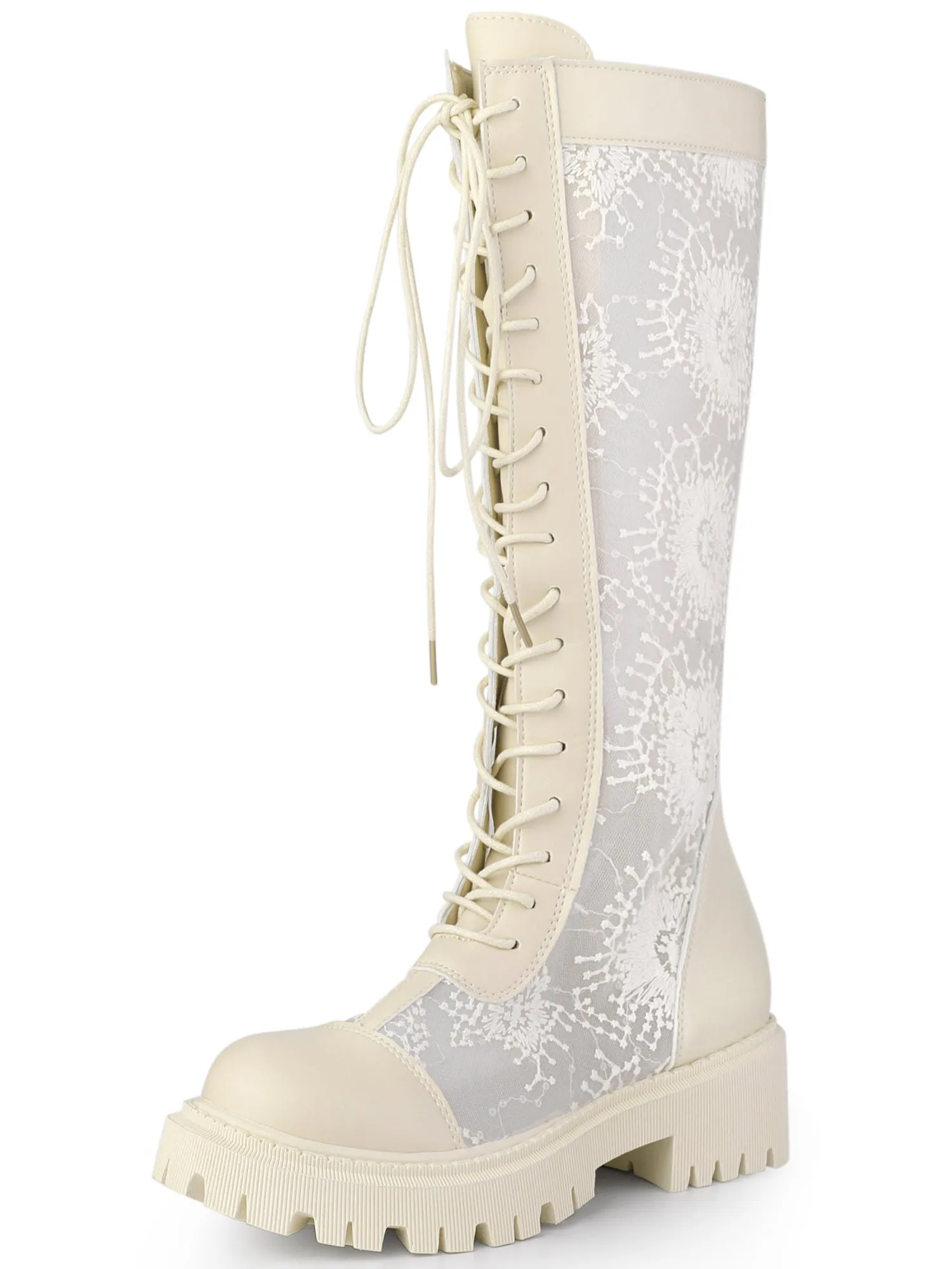 Perphy Women's Lace Up Mesh Floral Chunky Heel Knee High Boots
