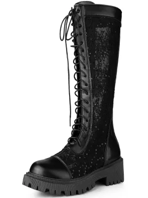 Perphy Women's Lace Up Mesh Floral Chunky Heel Knee High Boots