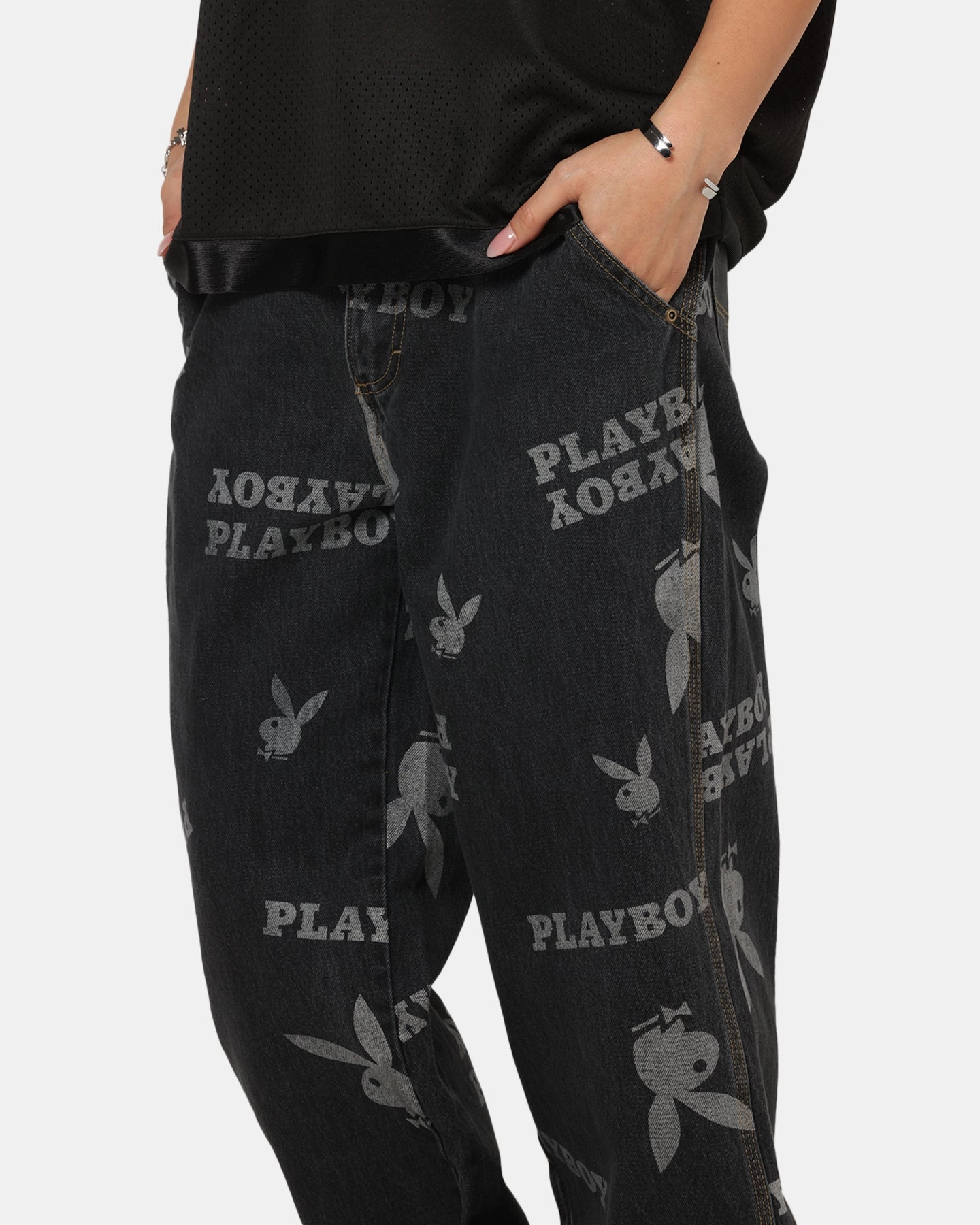 Reflective Trim Options Wide-leg cut Playboy Mess Denim Jeans Washed Black