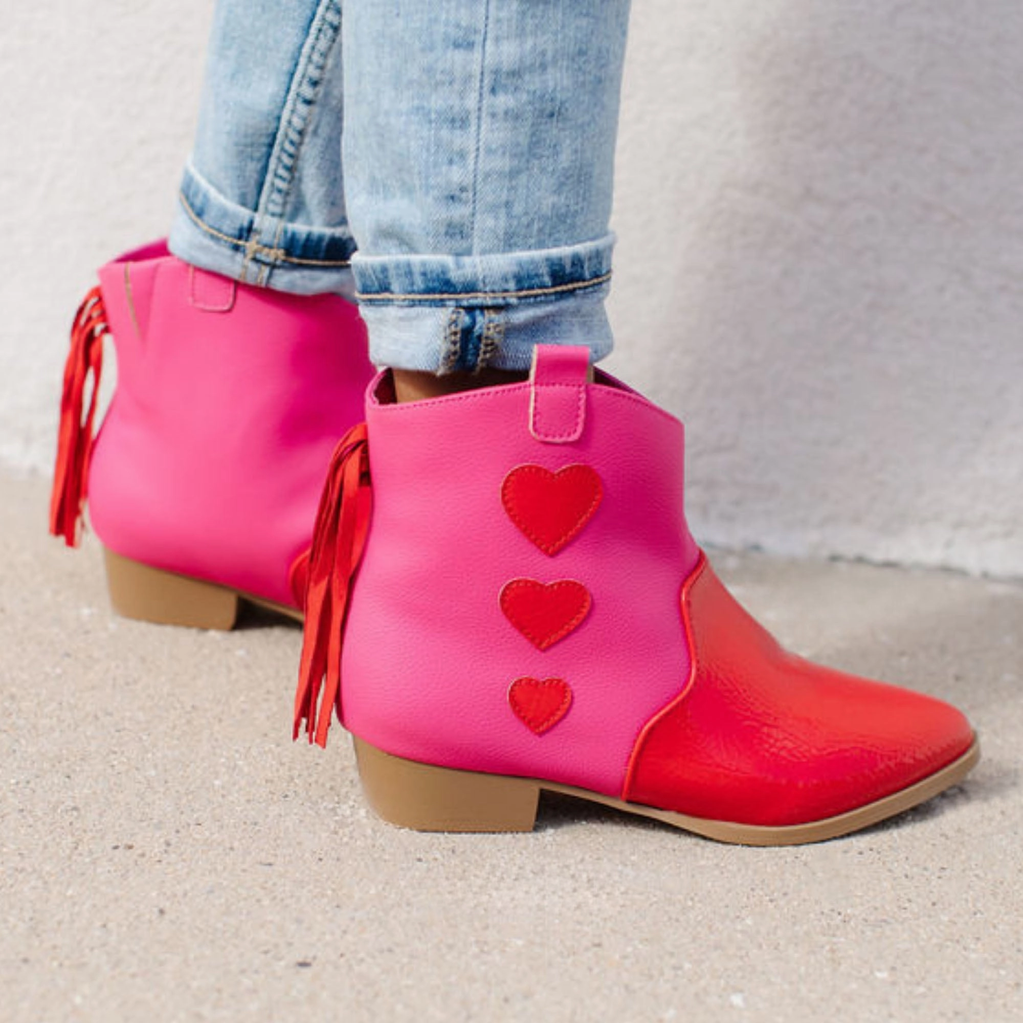 Mesh Fabric Secure Step Miss Dallas Western Boot in Pink & Red Hearts - Kids