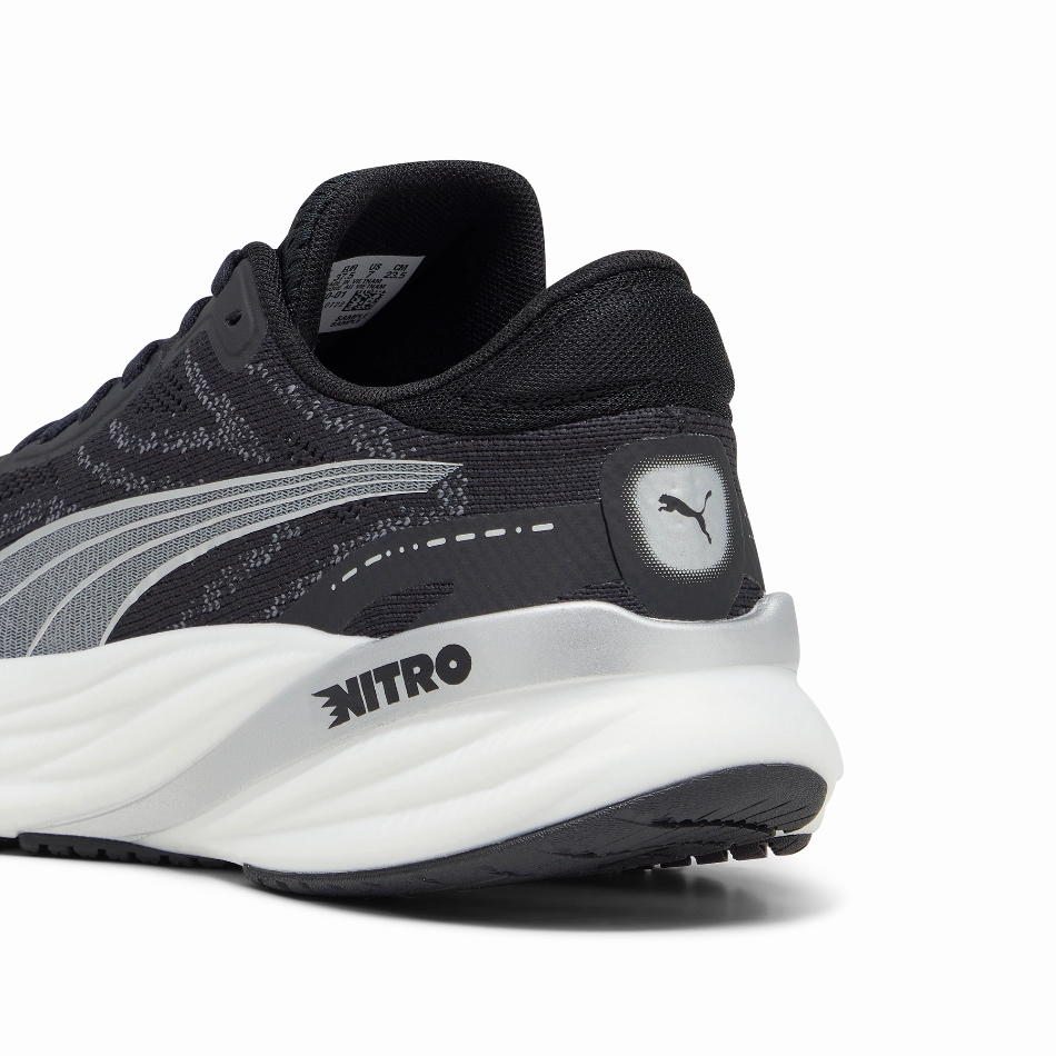 running in a pedestrian path area shoes Sock Like Ankle Fit Puma Magnify Nitro 2 Women's Running Shoes in PUMA Black/White/Silver AW24