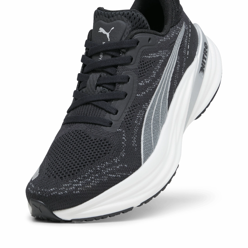 Puma Magnify Nitro 2 Women's Running Shoes in PUMA Black/White/Silver AW24 Customizable Lace Closure