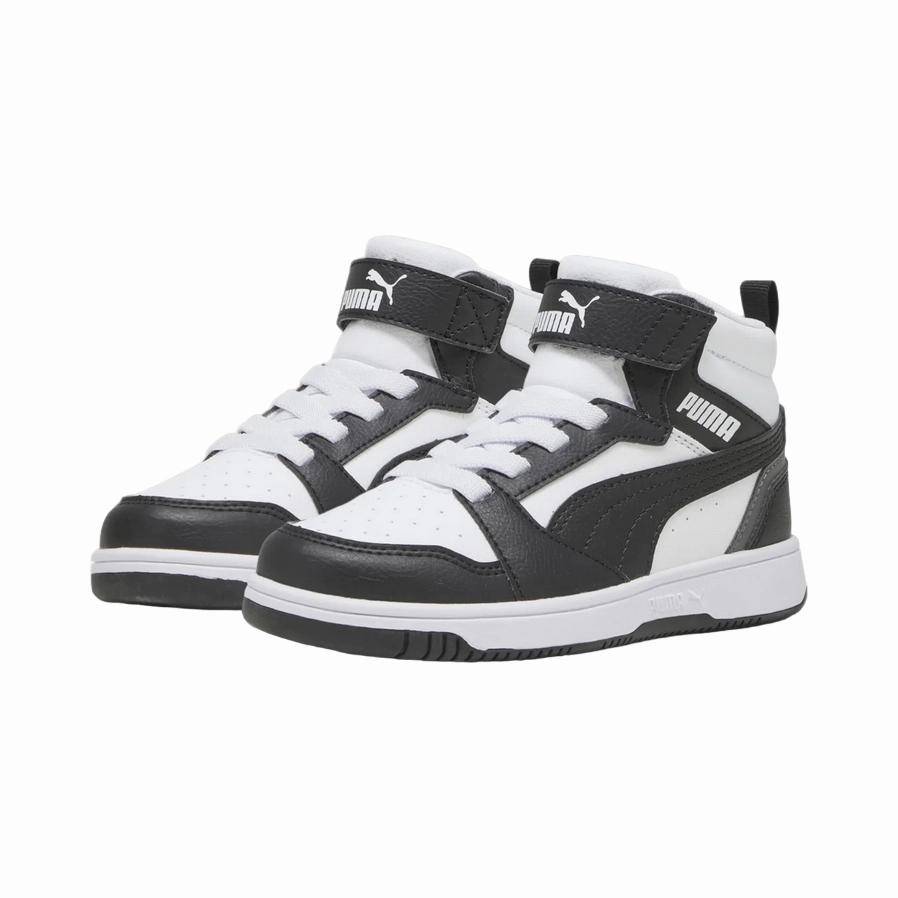 orthotic - friendly - design - compatibility shoes Puma scarpa alta da ragazzi con laccio e strappo Rebound V6 393832-01 bianco-nero