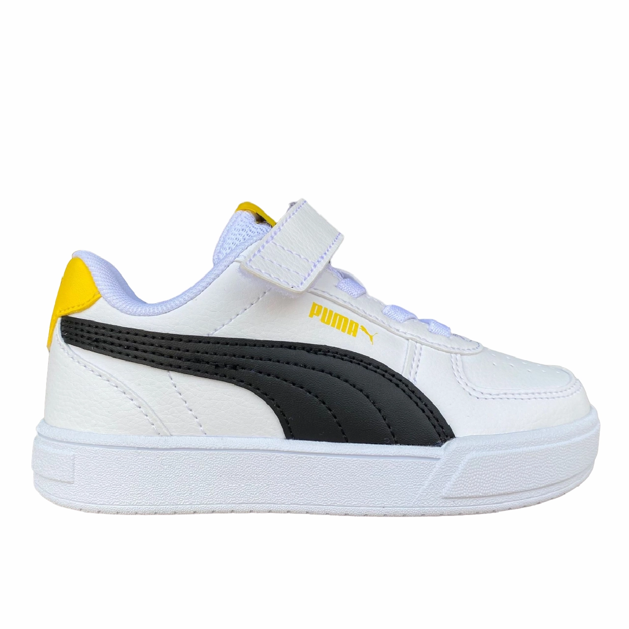 Puma sneakers bassa unisex junior con laccio elastico e velcro Caven AC PS 389307 14 white-black-yellow Shock absorption tech Road companion