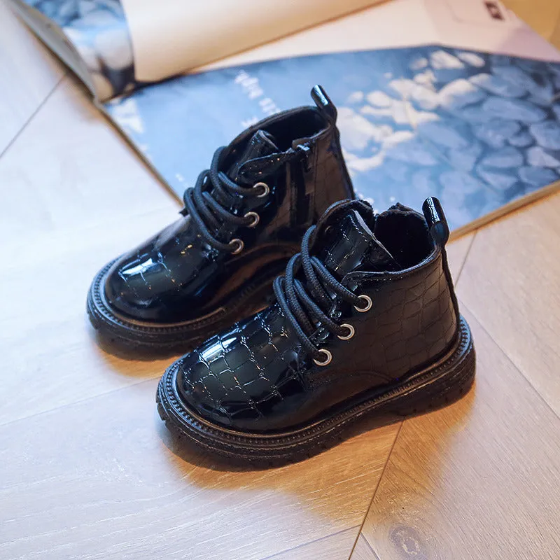 Pure Color Ankle Boots for Kids Girl England Style Crocodile Pattern PU Leather Boys Child Boots