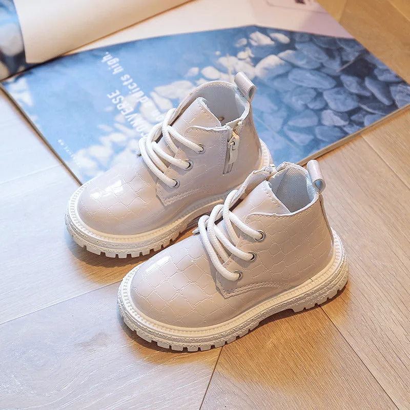 Pure Color Ankle Boots for Kids Girl England Style Crocodile Pattern PU Leather Boys Child Boots