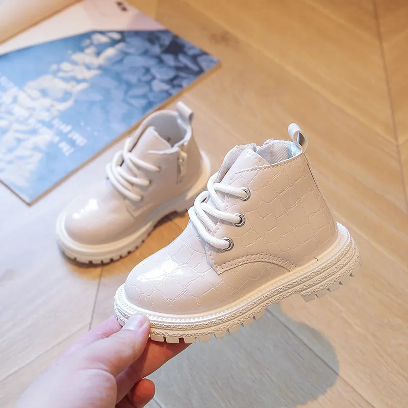 Pure Color Ankle Boots for Kids Girl England Style Crocodile Pattern PU Leather Boys Child Boots