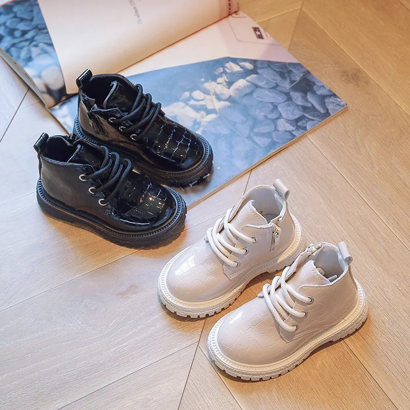 Pure Color Ankle Boots for Kids Girl England Style Crocodile Pattern PU Leather Boys Child Boots