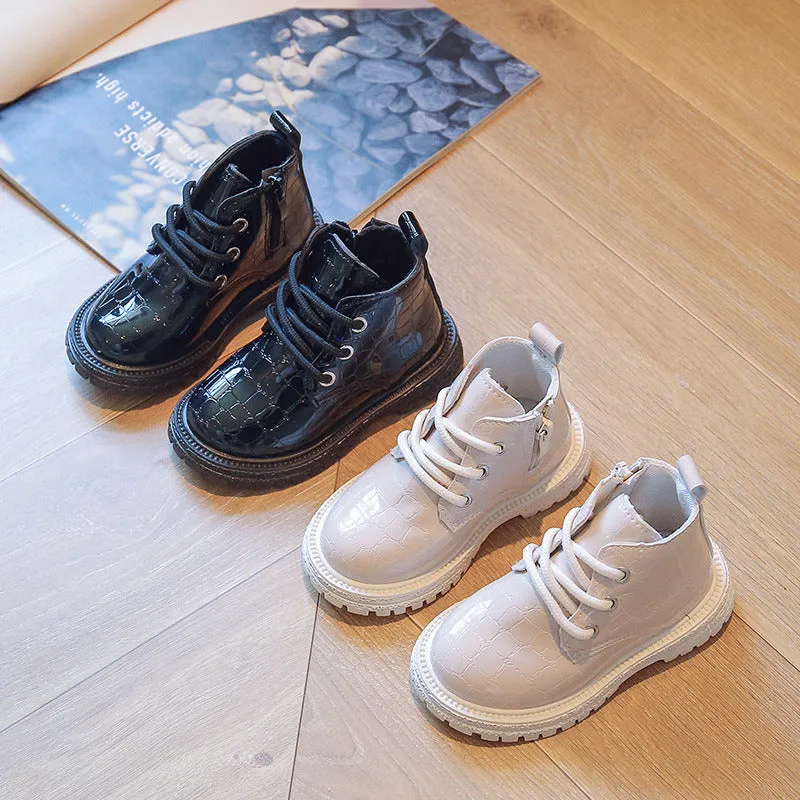 Pure Color Ankle Boots for Kids Girl England Style Crocodile Pattern PU Leather Boys Child Boots