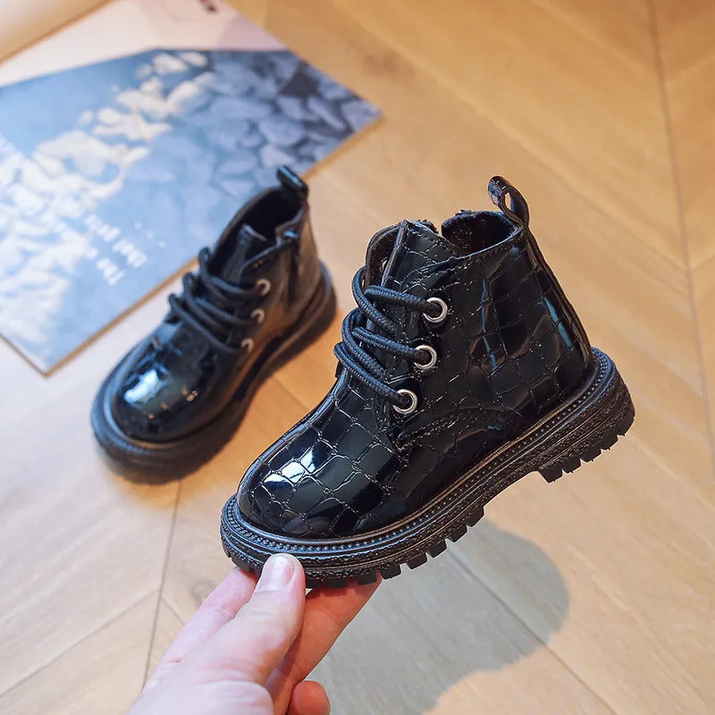 Pure Color Ankle Boots for Kids Girl England Style Crocodile Pattern PU Leather Boys Child Boots