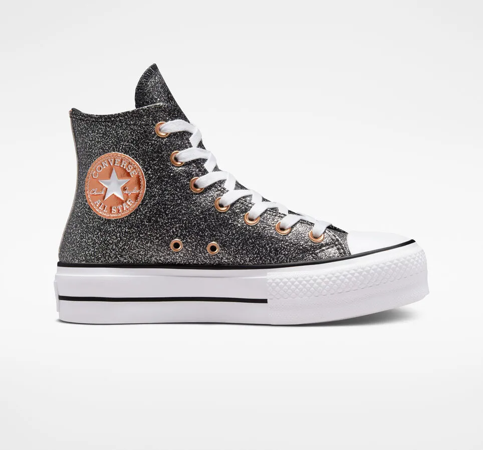 Converse sneakers alta da donna con zeppa Chuck Taylor All Star Lift Platform Metallico Glitter A01301C nero-rame-bianco Established