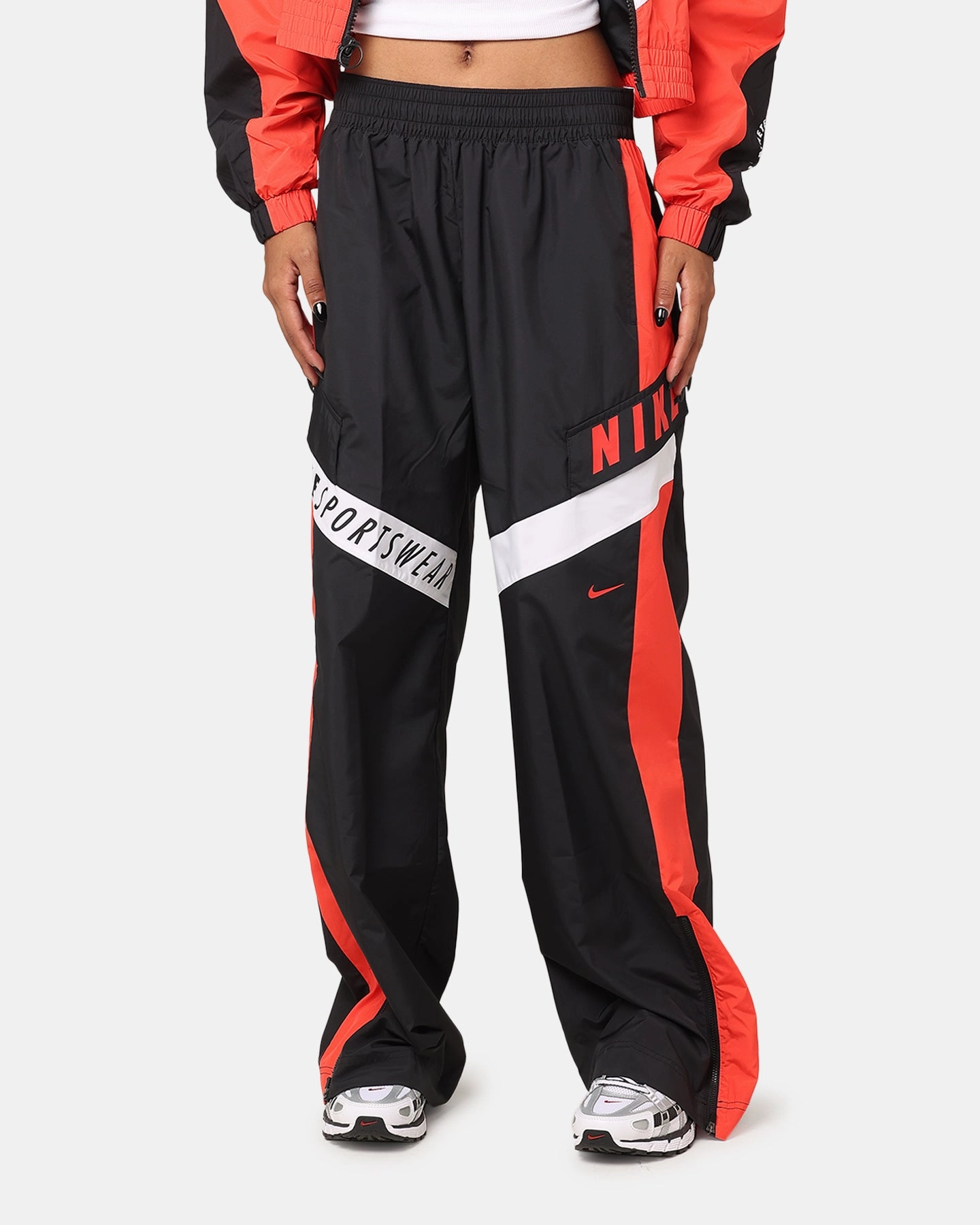 Nike Women's Sportswear Woven Oversized Pant Black/Light Crimson/White Breathable Lining ReinforcedHemline