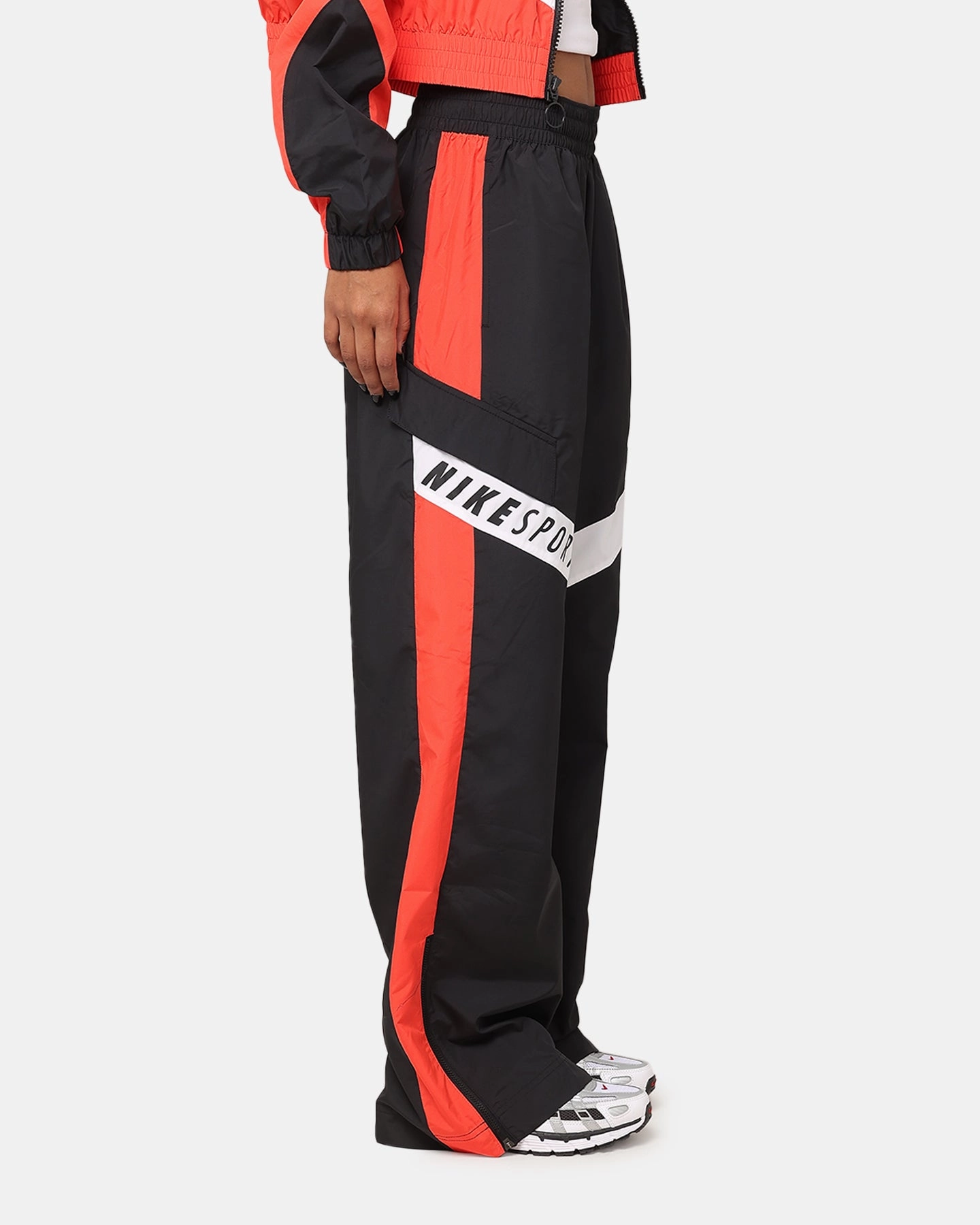 Trendy Waist Chic Wear Nike Women's Sportswear Woven Oversized Pant Black/Light Crimson/White
