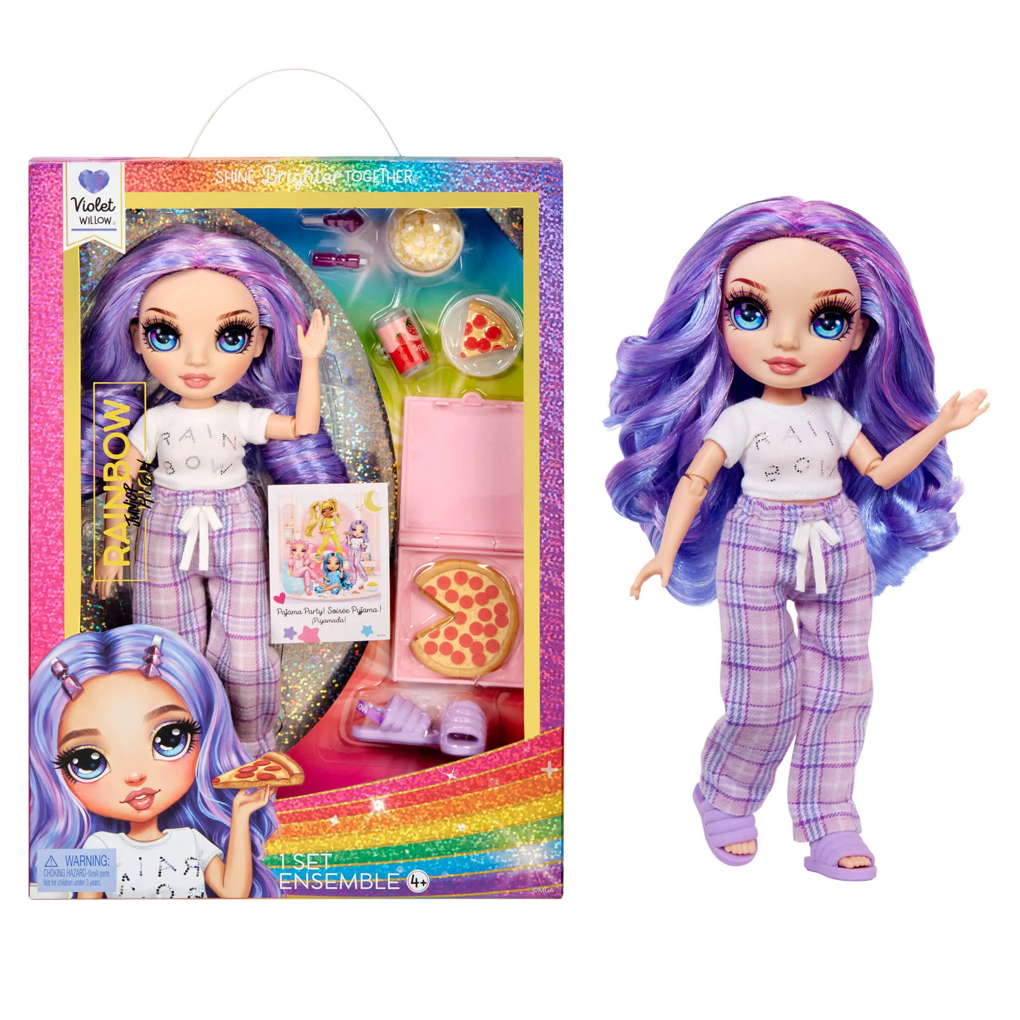 Rainbow High Jr High PJ Party Violet (Purple) 9” Posable Doll in Adorable Pajamas
