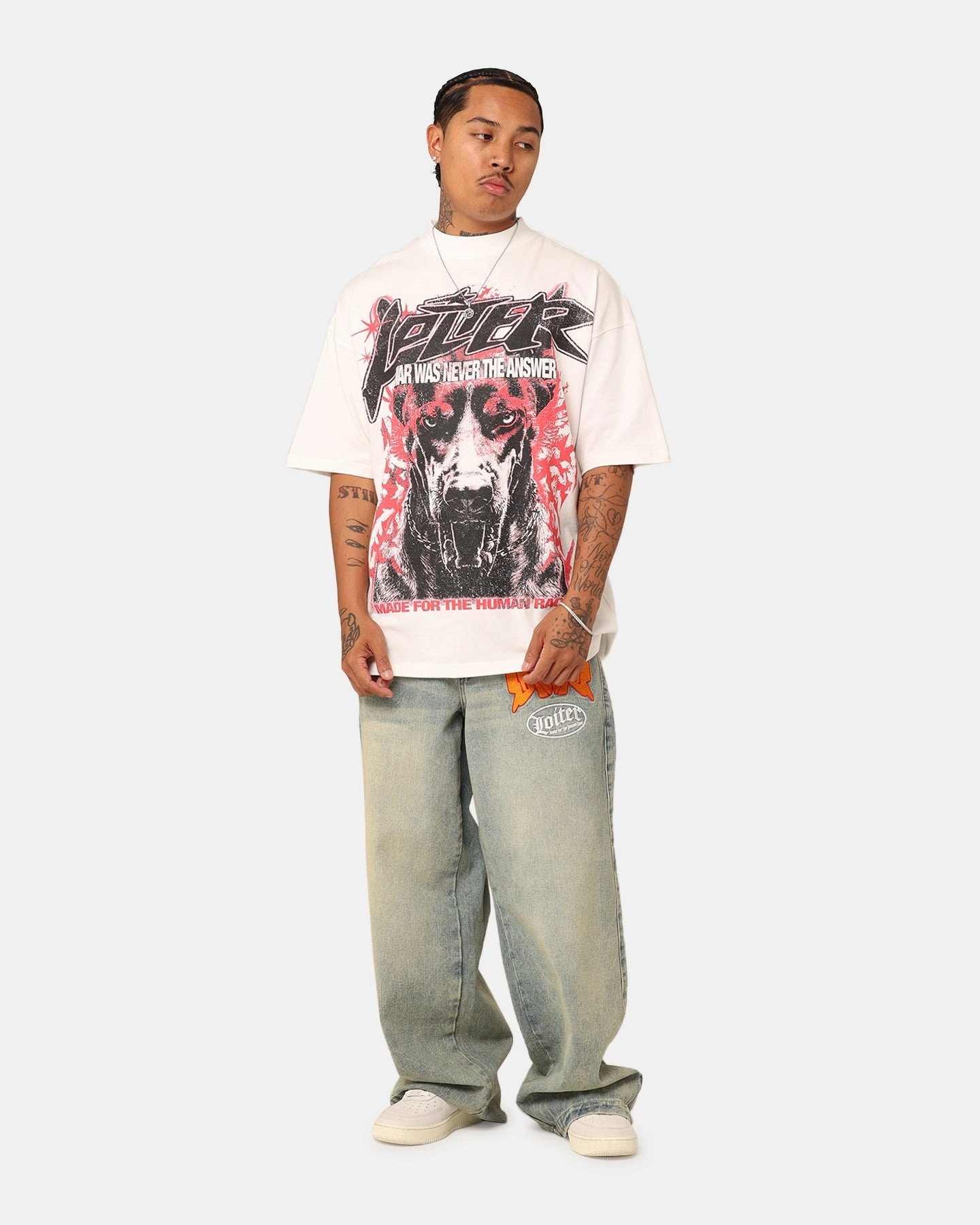 Loiter Dog Tag Oversized T-Shirt Off White Fresh Comfort Style Wide Neck Opening