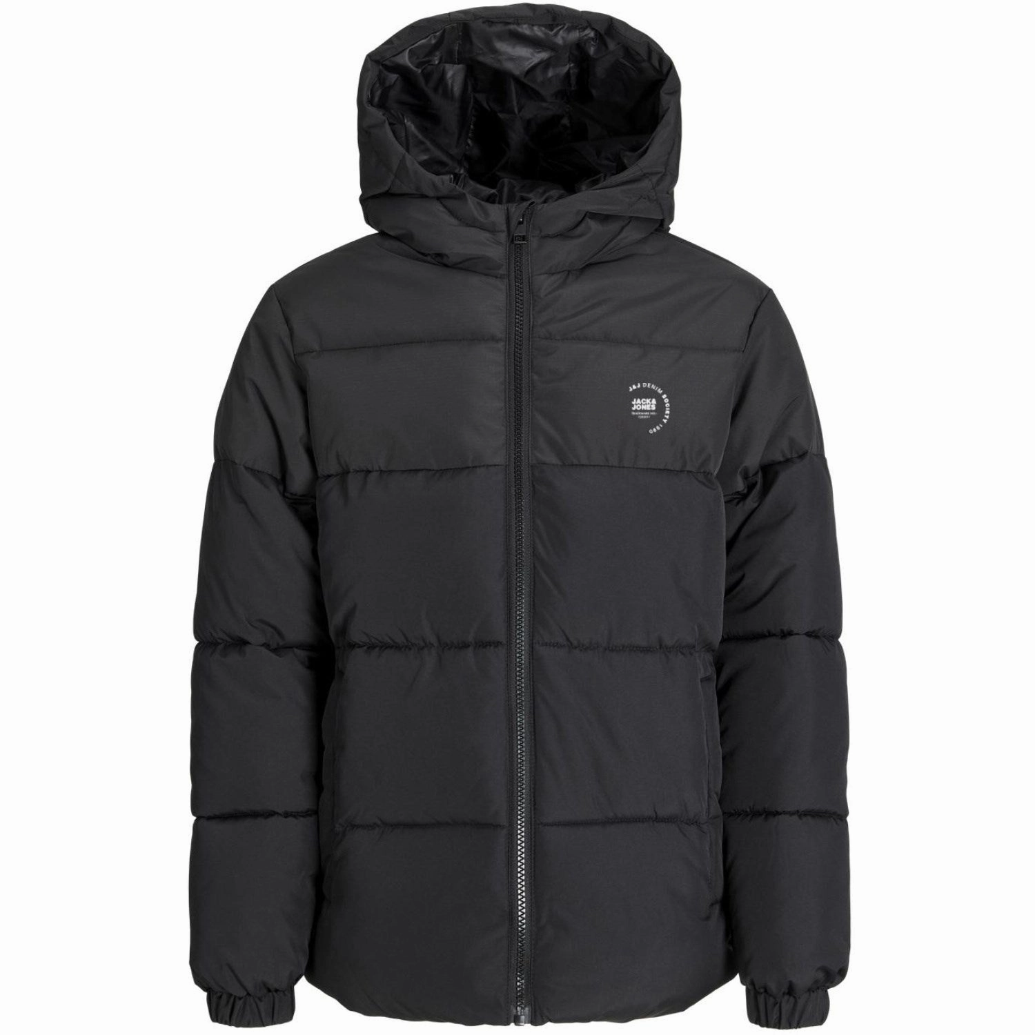 Jack & Jones Junior Black White Logo Jjmaze Logo Puffer Hood Jnr Eco Friendly Textile