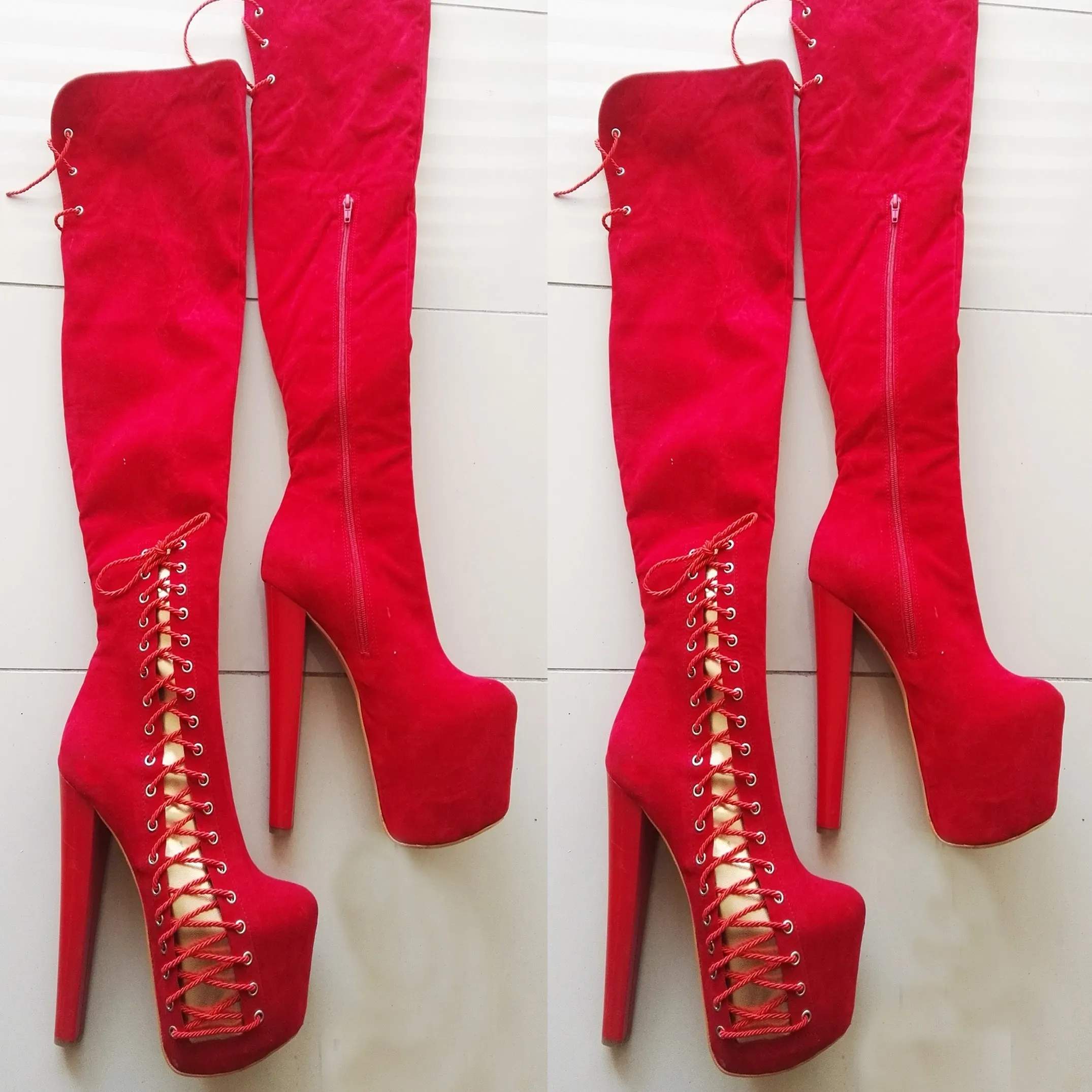 Red Corset Knee High Platform Boots