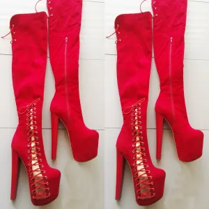 Red Corset Knee High Platform Boots