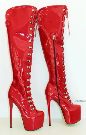 Red Patent Military Style Knee High Boots
