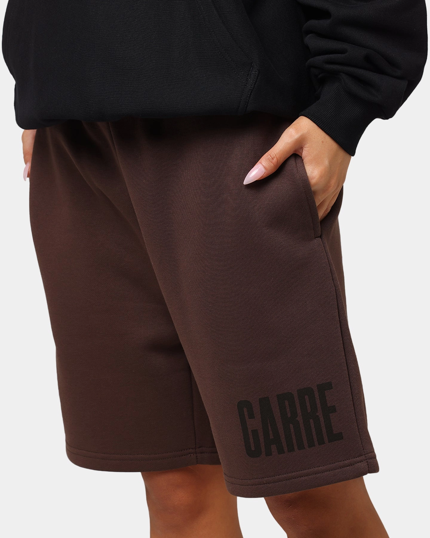 Multi Panel Construction Feminine Fit Carre Premium Essentials Sweat Shorts Chocolate