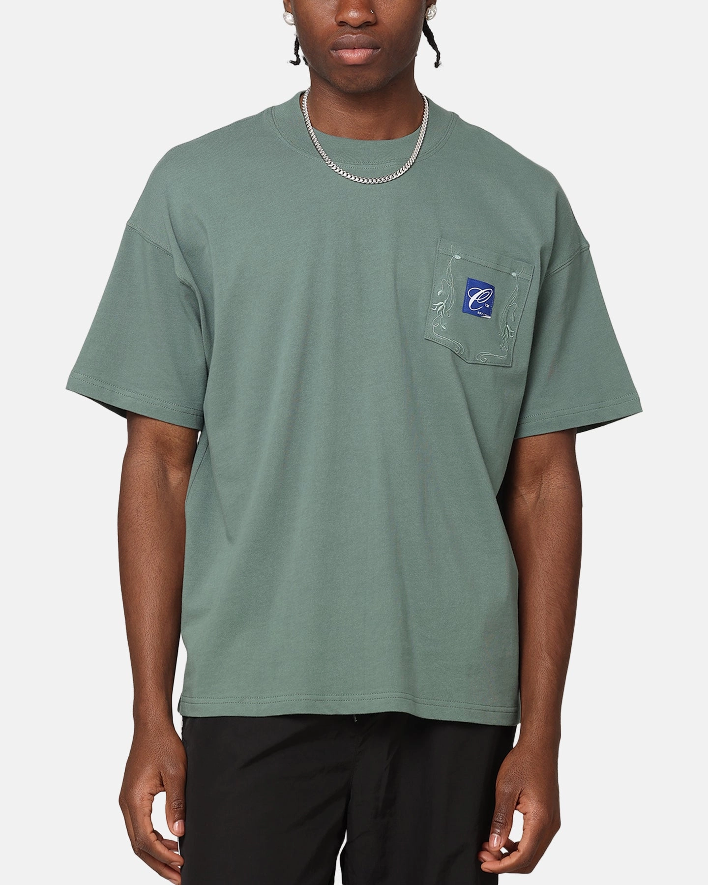 Airflow Ventilation System Cool and Comfortable Carre Floral Pocket Oversized T-Shirt Forest Green