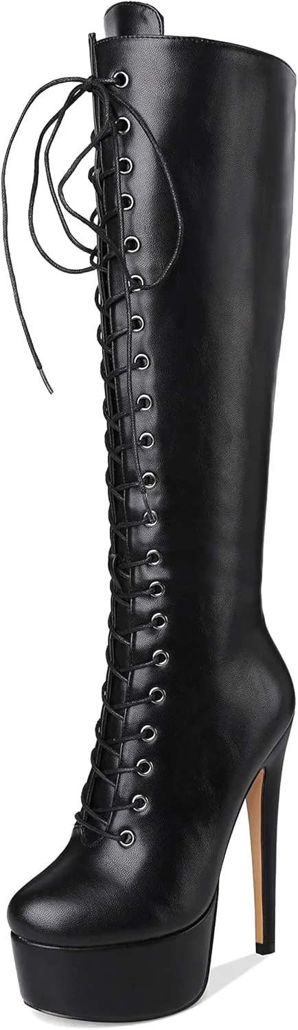 Richealnana Women's Platform Lace Up Stiletto High Heels Knee High Boots