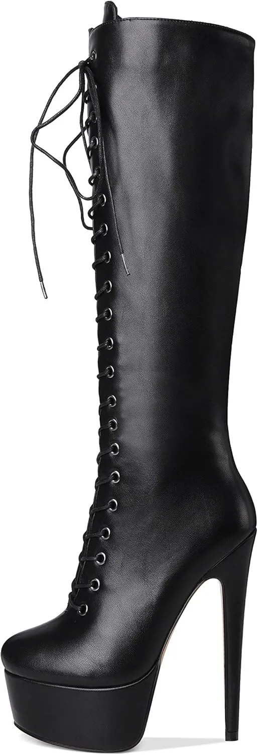 Richealnana Women's Platform Lace Up Stiletto High Heels Knee High Boots