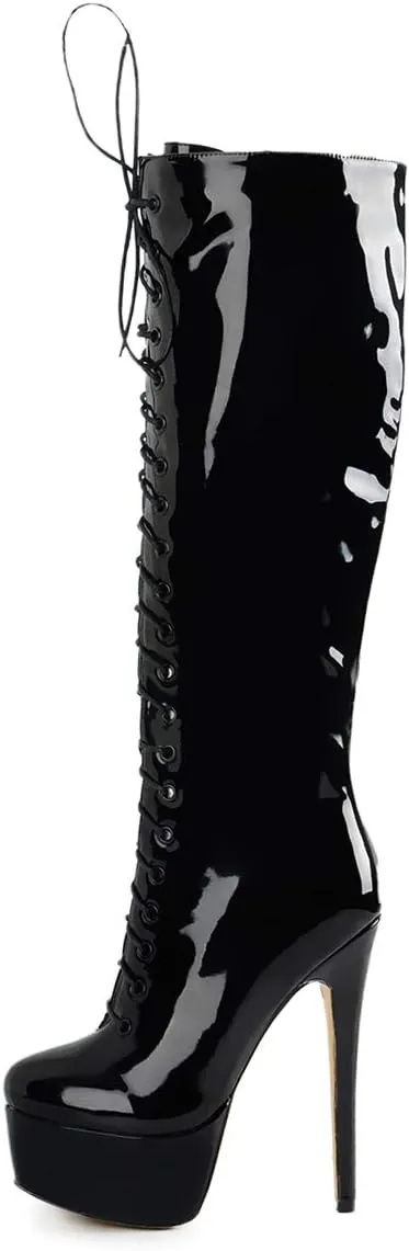 Richealnana Women's Platform Lace Up Stiletto High Heels Knee High Boots